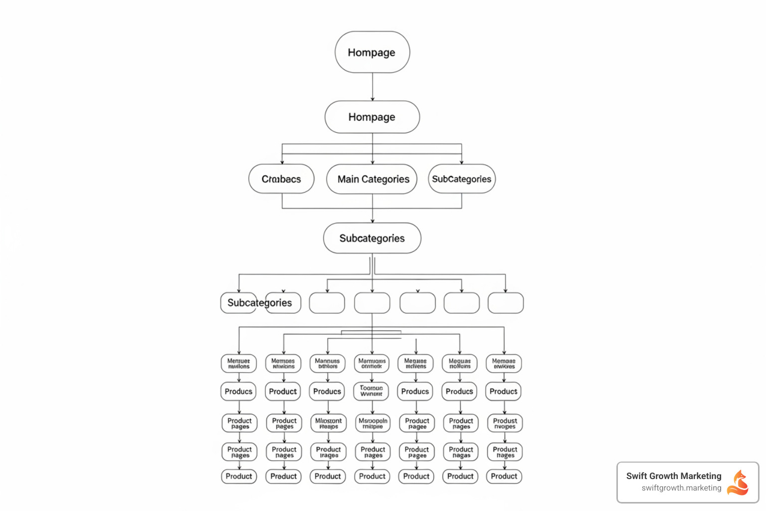 A diagram illustrating a simple, flat ecommerce site architecture with a homepage at the top, leading to main categories, then subcategories, and finally product pages, all within a few clicks. - technical SEO ecommerce A diagram illustrating a simple, flat ecommerce site architecture with a homepage at the top, leading to main categories, then subcategories, and finally product pages, all within a few clicks. - technical SEO ecommerce
