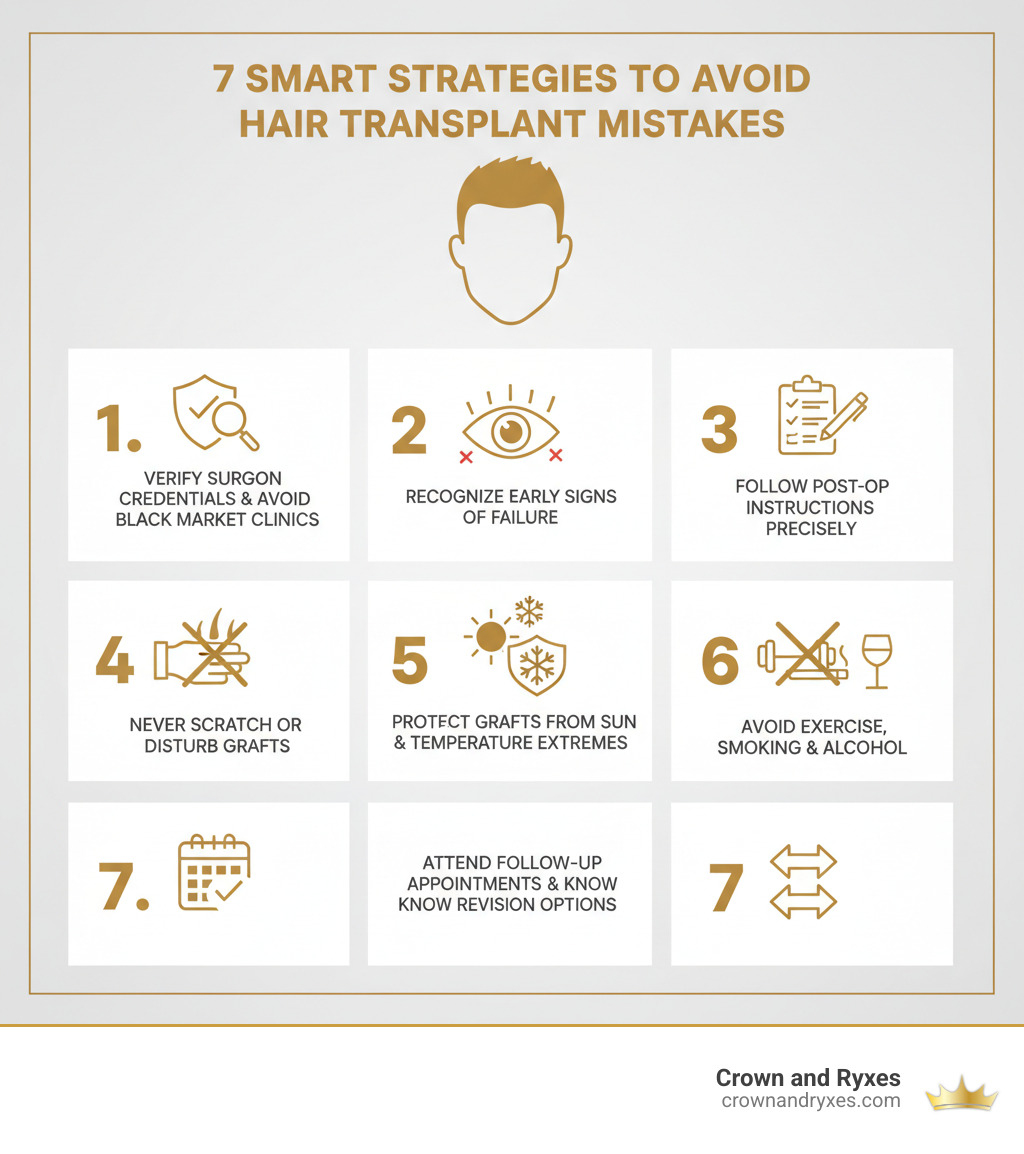 Infographic showing the 7 key strategies to avoid hair transplant mistakes: 1. Verify surgeon credentials and avoid black market clinics, 2. Learn to recognize signs of failure early, 3. Follow all post-operative instructions precisely, 4. Never scratch or disturb transplanted grafts, 5. Protect grafts from sun and temperature extremes, 6. Avoid exercise, smoking, and alcohol during recovery, 7. Attend all follow-up appointments and know your revision options - hair transplant mistakes infographic 