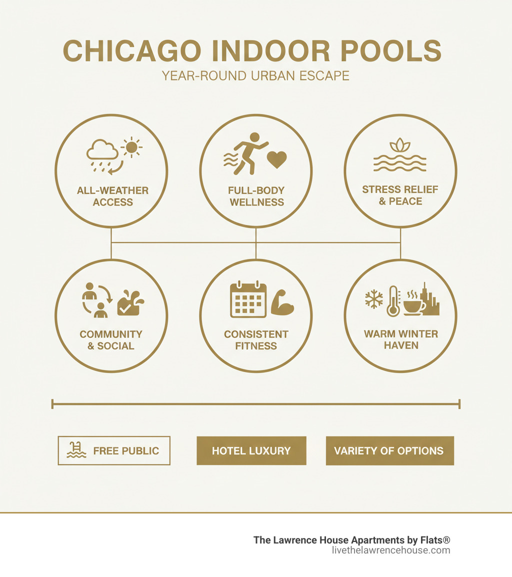 Infographic showing benefits of indoor swimming pools in Chicago: year-round access regardless of weather, low-impact full-body workout engaging multiple muscle groups, stress relief and mental wellness through water-based exercise, social connection in community pool spaces, consistent fitness routine without seasonal interruptions, warm environment during cold Chicago winters, and variety of options from public pools to luxury experiences - Chicago indoor swimming pool infographic 