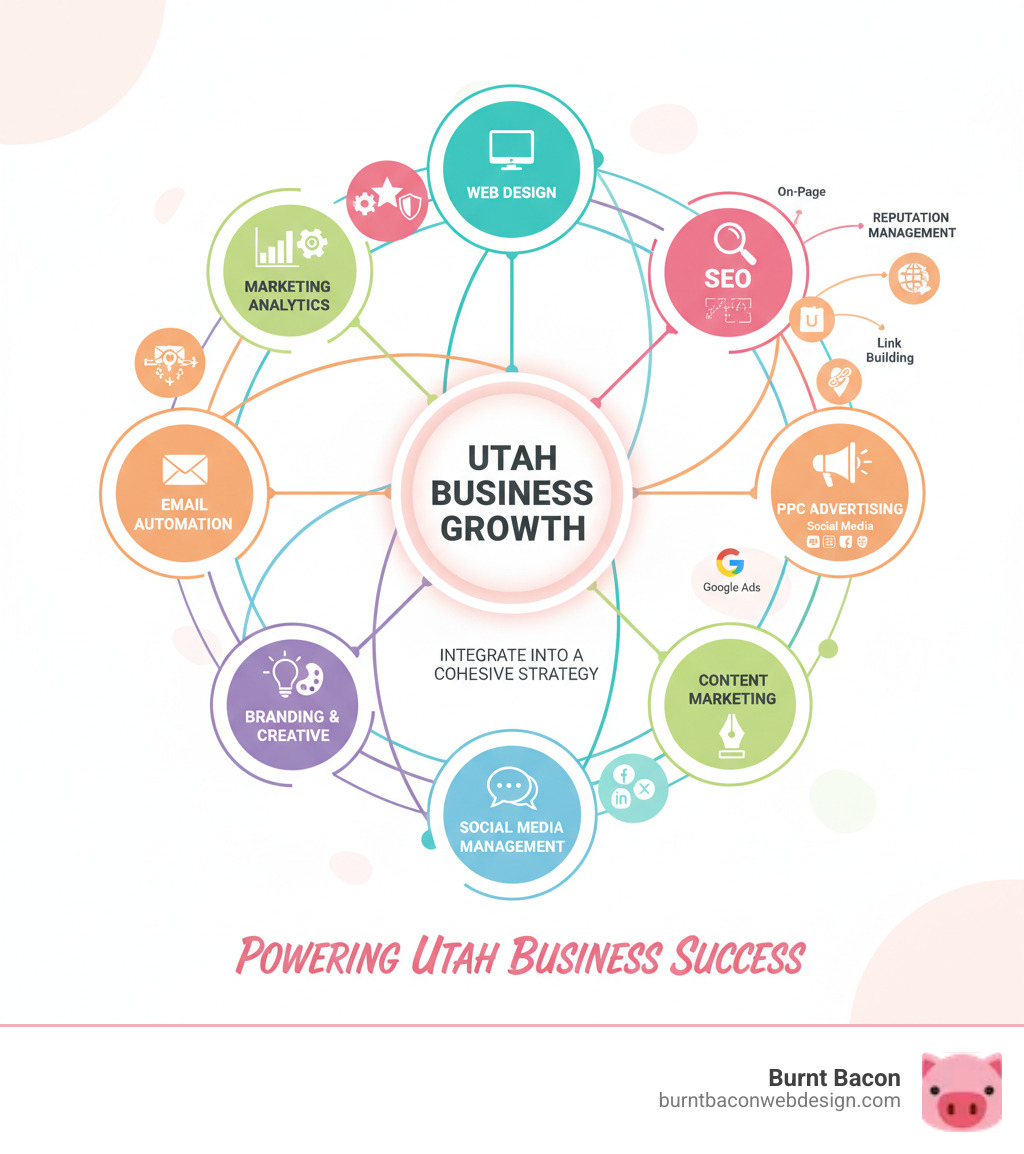 Infographic showing the complete spectrum of services offered by Utah marketing agencies, including web design, SEO (on-page, off-page, local, link building), PPC advertising (Google Ads, social media), content marketing, social media management, branding and creative services, email automation, marketing analytics, and reputation management, with icons for each service connected to show how they integrate into a cohesive strategy for Utah business growth - Marketing agency Utah infographic 
