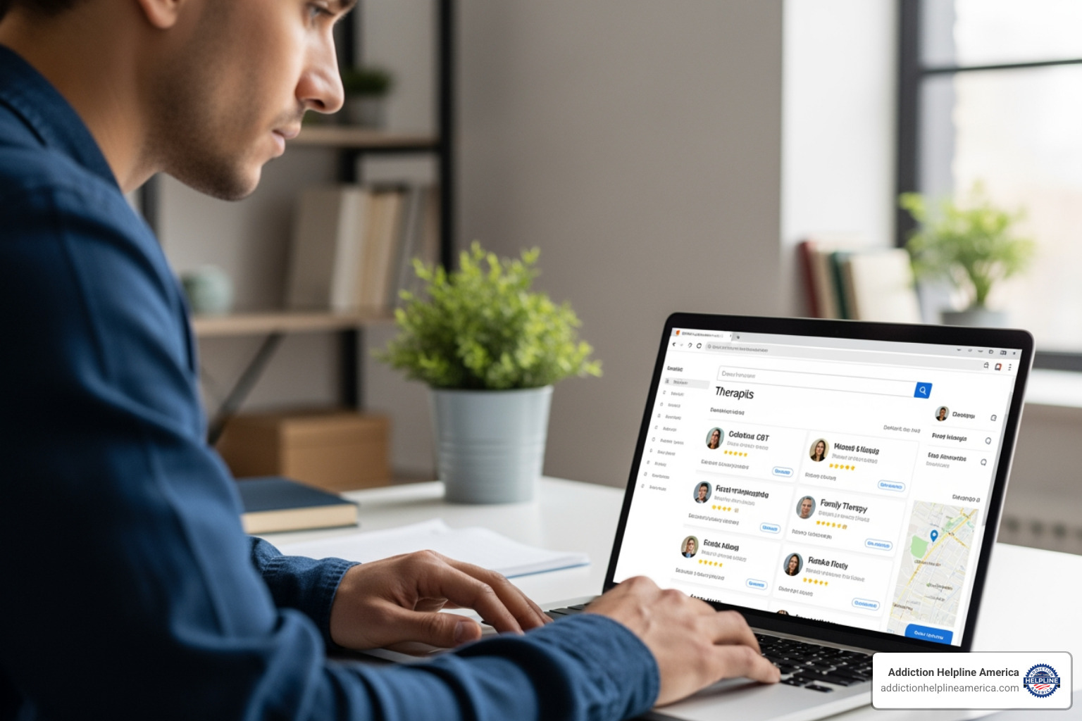 person using laptop to search online directories - therapist for bipolar disorder near me