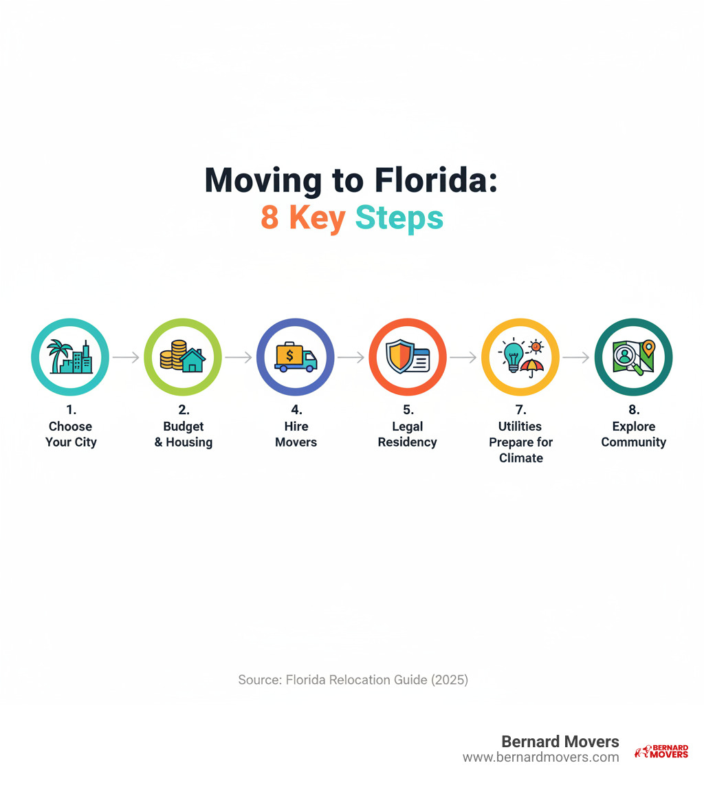 Infographic showing the moving to Florida process: 1. Research and choose your Florida city 2. Budget for moving costs and housing 3. Secure employment or income source 4. Hire licensed movers and plan logistics 5. Establish legal residency (driver's license, vehicle registration, voter registration) 6. Set up utilities and healthcare 7. Prepare for Florida climate (hurricane season, sun protection) 8. Explore your new community - move to Florida infographic Infographic showing the moving to Florida process: 1. Research and choose your Florida city 2. Budget for moving costs and housing 3. Secure employment or income source 4. Hire licensed movers and plan logistics 5. Establish legal residency (driver's license, vehicle registration, voter registration) 6. Set up utilities and healthcare 7. Prepare for Florida climate (hurricane season, sun protection) 8. Explore your new community - move to Florida infographic