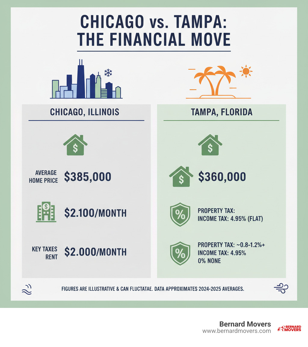 TABLE comparing average home price, rent, and key taxes in Chicago vs. Tampa - move to Florida infographic TABLE comparing average home price, rent, and key taxes in Chicago vs. Tampa - move to Florida infographic