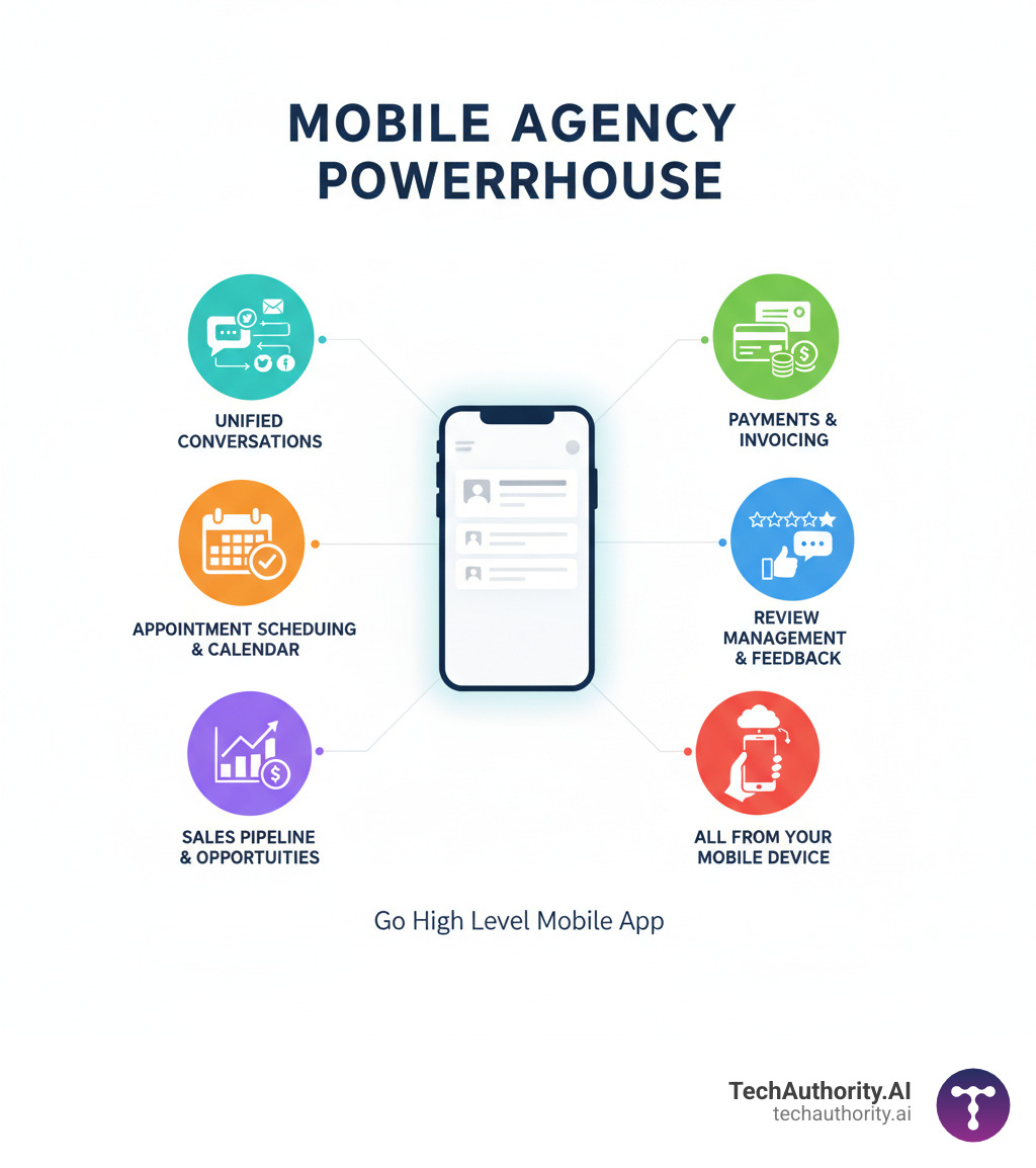 Infographic showing the core benefits of the Go High Level mobile app: manage conversations across multiple channels, schedule appointments and view calendar, track sales pipeline and opportunities, process payments and send invoices, send review requests and respond to feedback, all from a mobile device - Go High Level mobile app infographic 