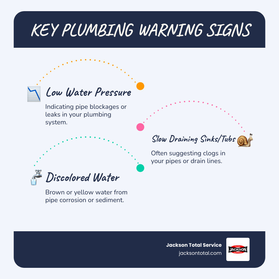 Infographic showing key plumbing warning signs homeowners should watch for: low water pressure indicating pipe blockages or leaks, slow draining sinks and tubs suggesting clogs, discolored brown or yellow water from pipe corrosion, unusual gurgling sounds from drain venting issues, sudden water bill spikes indicating hidden leaks, and unpleasant sewage odors signaling backup problems - best plumbing repair fort myers beach fl infographic infographic-line-3-steps-blues-accent_colors