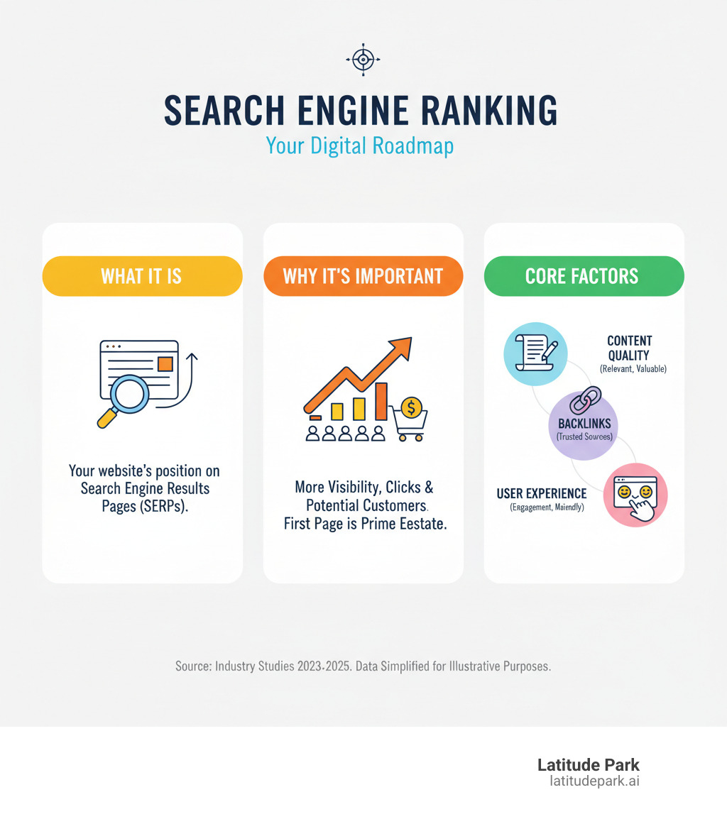 Infographic explaining what search engine ranking is, why it's important, and the core factors influencing it - search engine ranking infographic Infographic explaining what search engine ranking is, why it's important, and the core factors influencing it - search engine ranking infographic