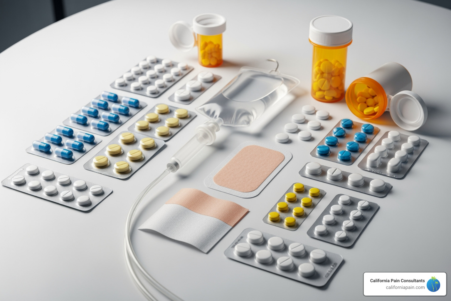 Different types of non-opioid medications, including pills, an IV bag, and a pain patch - non opioid pain management after surgery