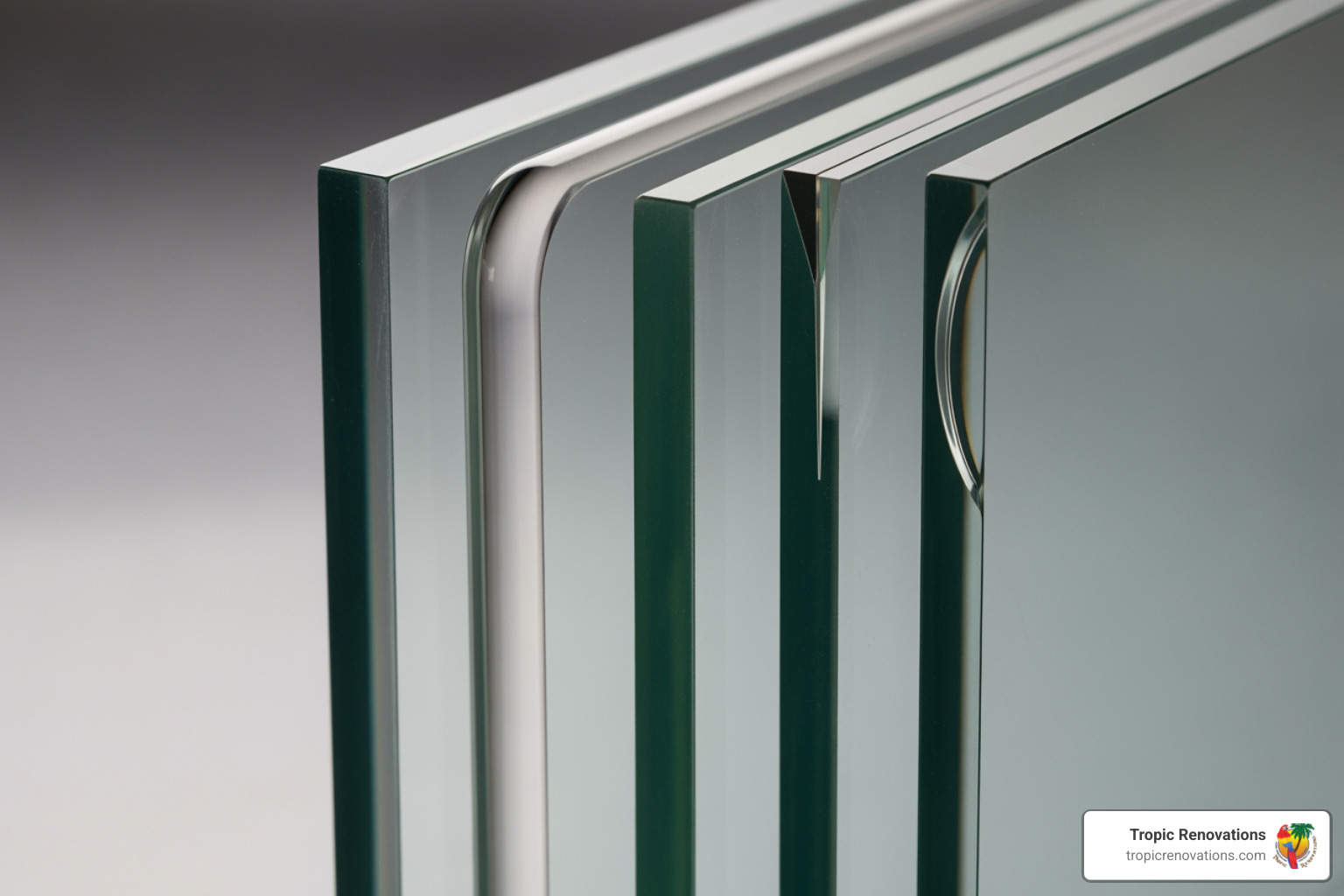 Various edge profiles like Flat Polish, Pencil, Beveled, and Ogee - Custom glass tabletops