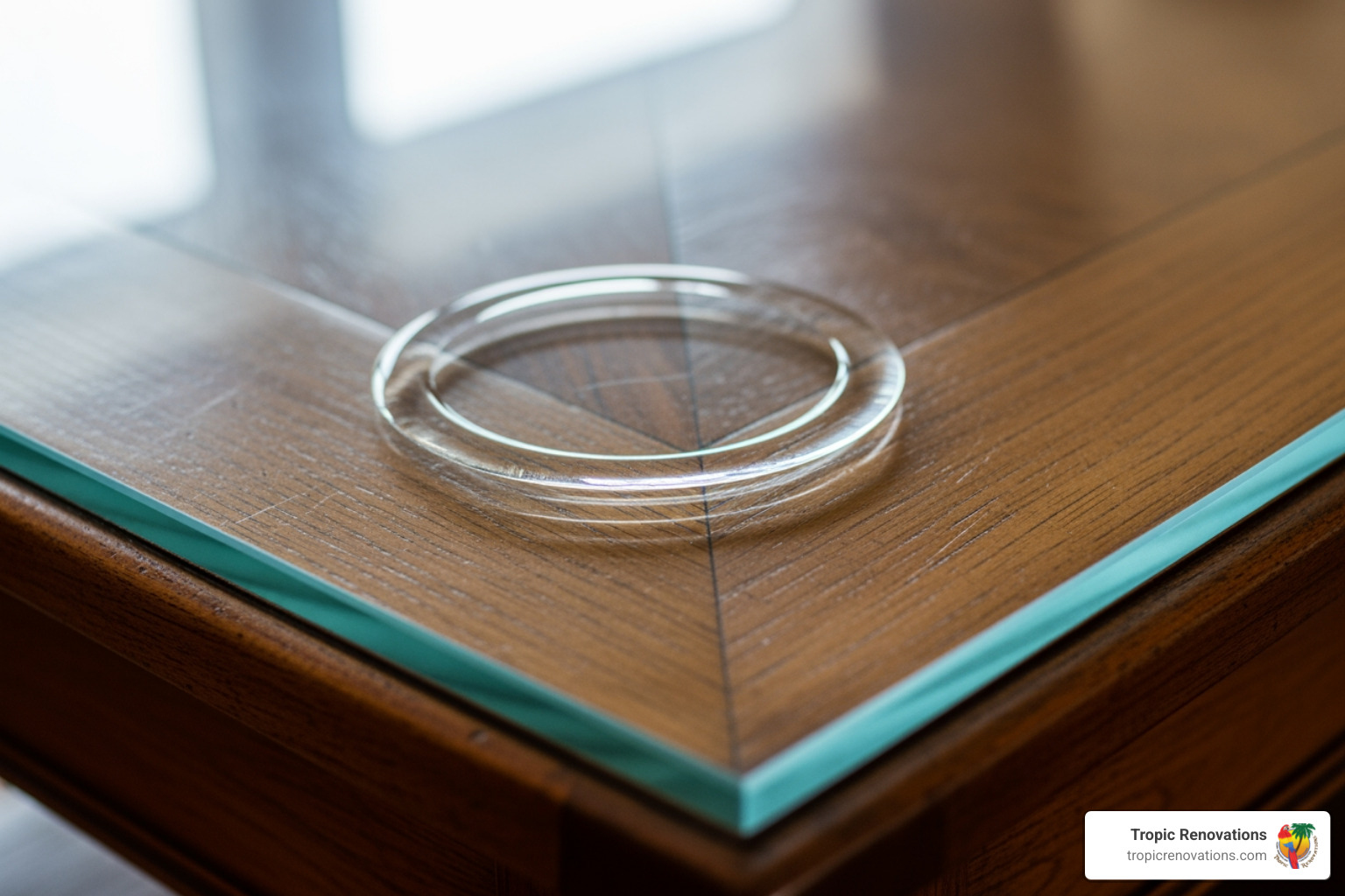 A close-up showing a pristine glass top protecting an antique wooden dining table from a water ring - Custom glass tabletops