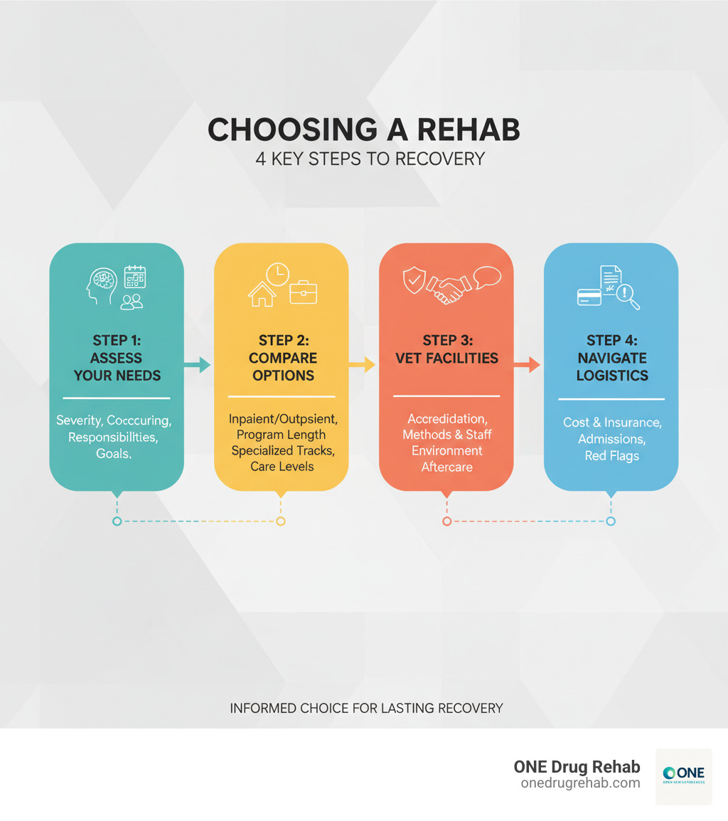 Infographic showing the 4 key steps to choosing a rehab: Step 1 - Assess Your Needs (evaluate addiction severity, co-occurring disorders, personal responsibilities, and define your recovery goals), Step 2 - Compare Options (understand inpatient vs outpatient, program lengths, specialized tracks, and levels of care), Step 3 - Vet Facilities (verify accreditation and licensing, evaluate treatment methods and staff credentials, assess environment and aftercare support), Step 4 - Navigate Logistics (understand costs and insurance coverage, complete admissions process, watch for red flags and predatory practices) - Choosing a rehab infographic 