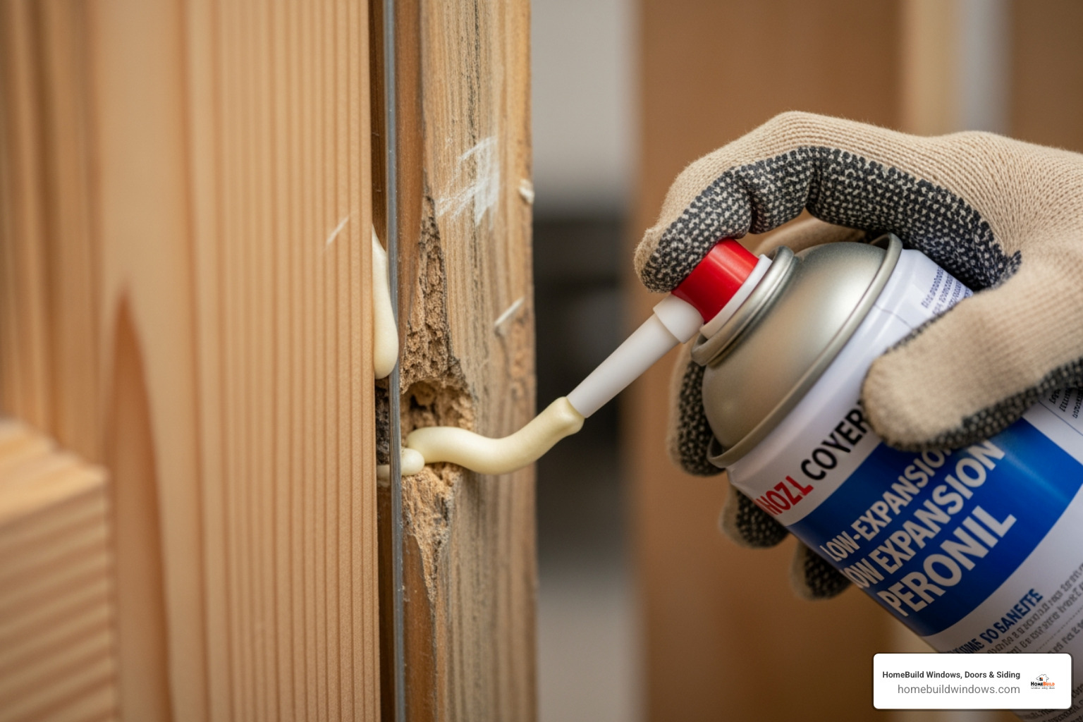 Low-expansion foam being applied in the gap between the door frame and wall stud - New exterior door installation Low-expansion foam being applied in the gap between the door frame and wall stud - New exterior door installation