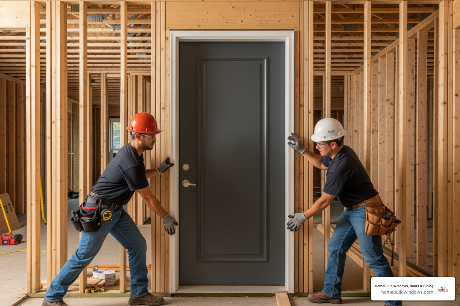 Pre-hung door being carefully placed into the rough opening - New exterior door installation Pre-hung door being carefully placed into the rough opening - New exterior door installation