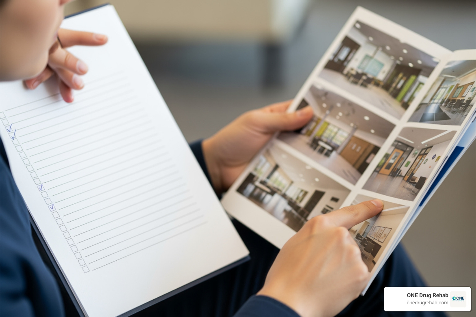 Person with a checklist looking at a facility brochure - Choosing a rehab