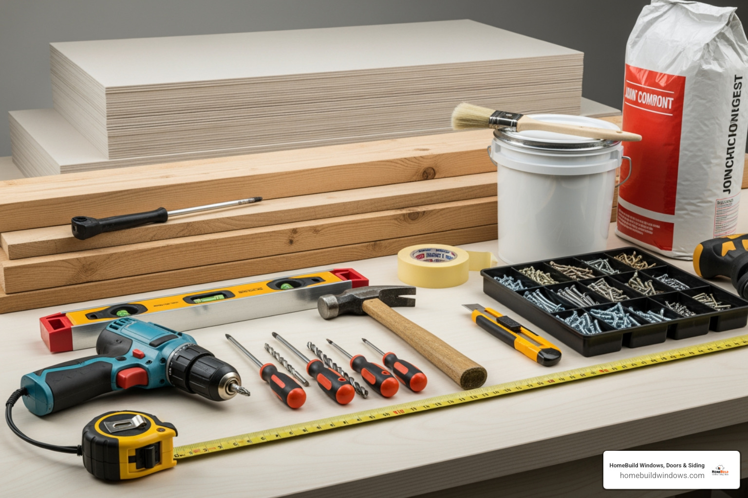 All necessary tools and materials neatly laid out - New exterior door installation All necessary tools and materials neatly laid out - New exterior door installation