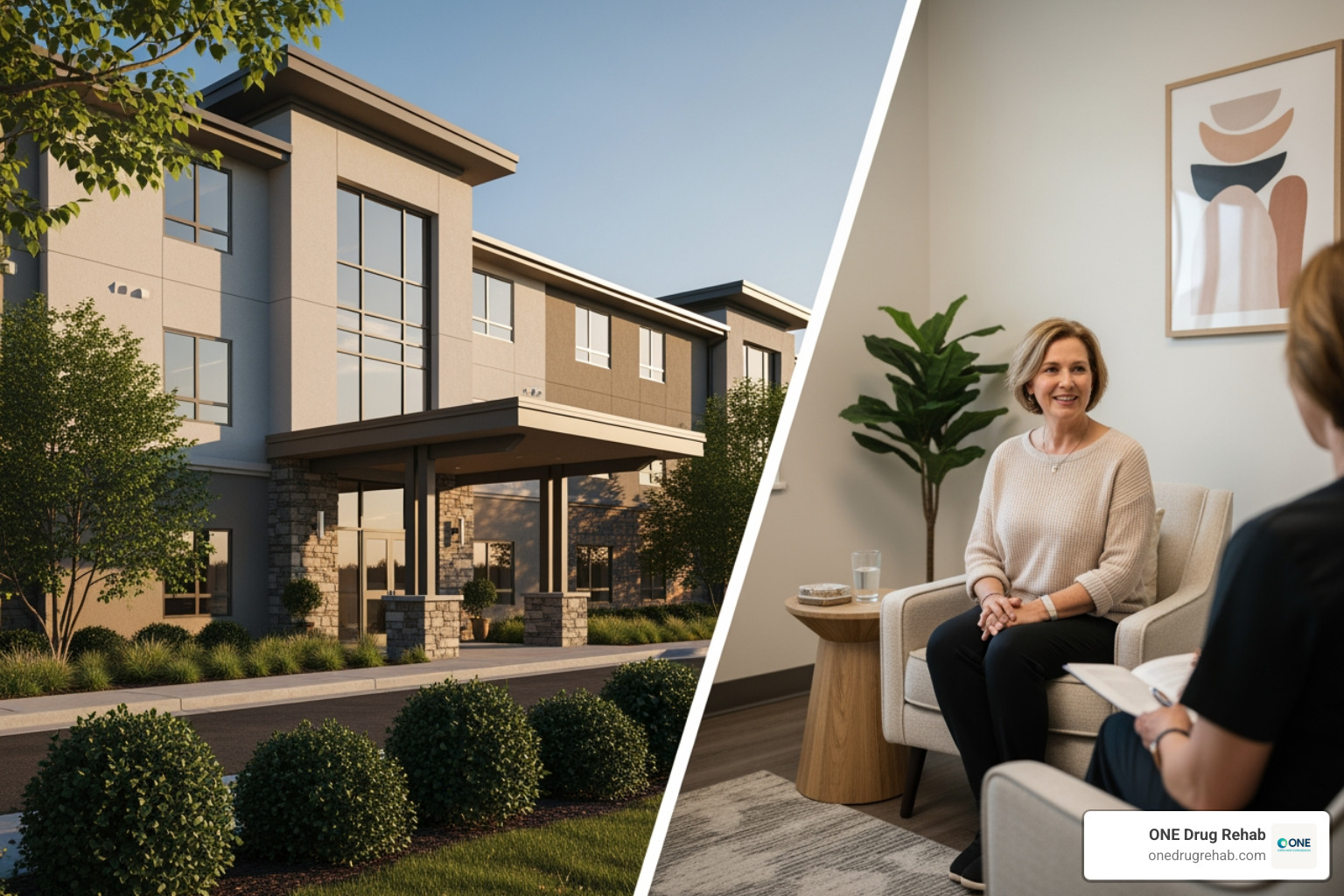 Split screen showing a residential facility on one side and a person attending an outpatient session on the other - Choosing a rehab