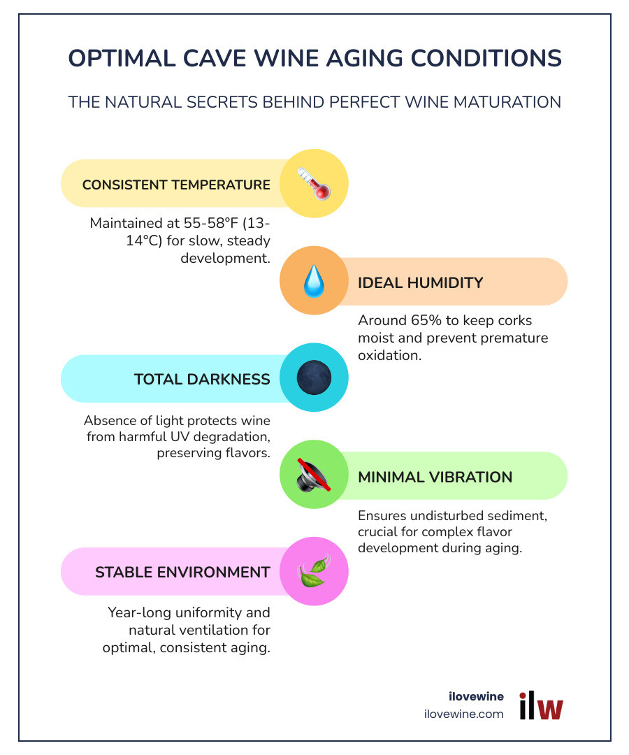 Infographic showing ideal cave wine storage conditions: temperature 55-58°F, humidity 65%, complete darkness, minimal vibration, natural ventilation, and stable environment year-long for optimal aging - cave wine tasting infographic infographic-line-5-steps-colors