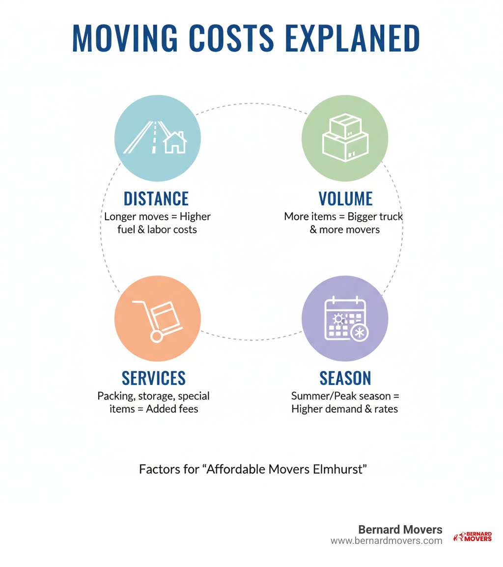 Infographic explaining the key factors that influence moving costs like distance, volume, services, and season - Affordable movers Elmhurst infographic Infographic explaining the key factors that influence moving costs like distance, volume, services, and season - Affordable movers Elmhurst infographic