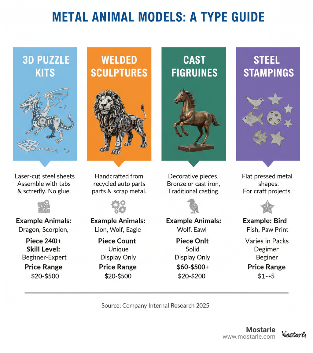 infographic showing the four main types of metal animal models: 3D Puzzle Kits (laser-cut steel sheets assembled with tabs and screws, no glue needed), Welded Sculptures (handcrafted from recycled auto parts and scrap metal), Cast Figurines (decorative pieces made from bronze or cast iron using traditional casting methods), and Steel Stampings (flat pressed metal shapes for craft projects). Each type includes example animals, typical piece counts, skill levels, and price ranges. - metal animal models infographic infographic showing the four main types of metal animal models: 3D Puzzle Kits (laser-cut steel sheets assembled with tabs and screws, no glue needed), Welded Sculptures (handcrafted from recycled auto parts and scrap metal), Cast Figurines (decorative pieces made from bronze or cast iron using traditional casting methods), and Steel Stampings (flat pressed metal shapes for craft projects). Each type includes example animals, typical piece counts, skill levels, and price ranges. - metal animal models infographic