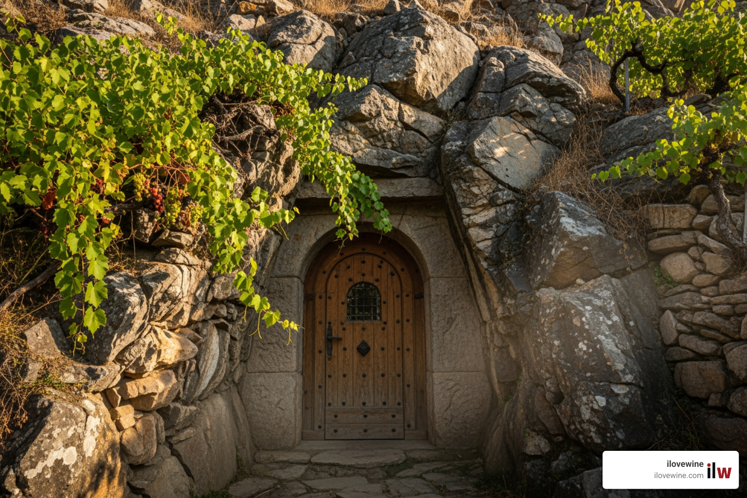 Unique entrance to a wine cave carved into a rocky hillside - cave wine tasting