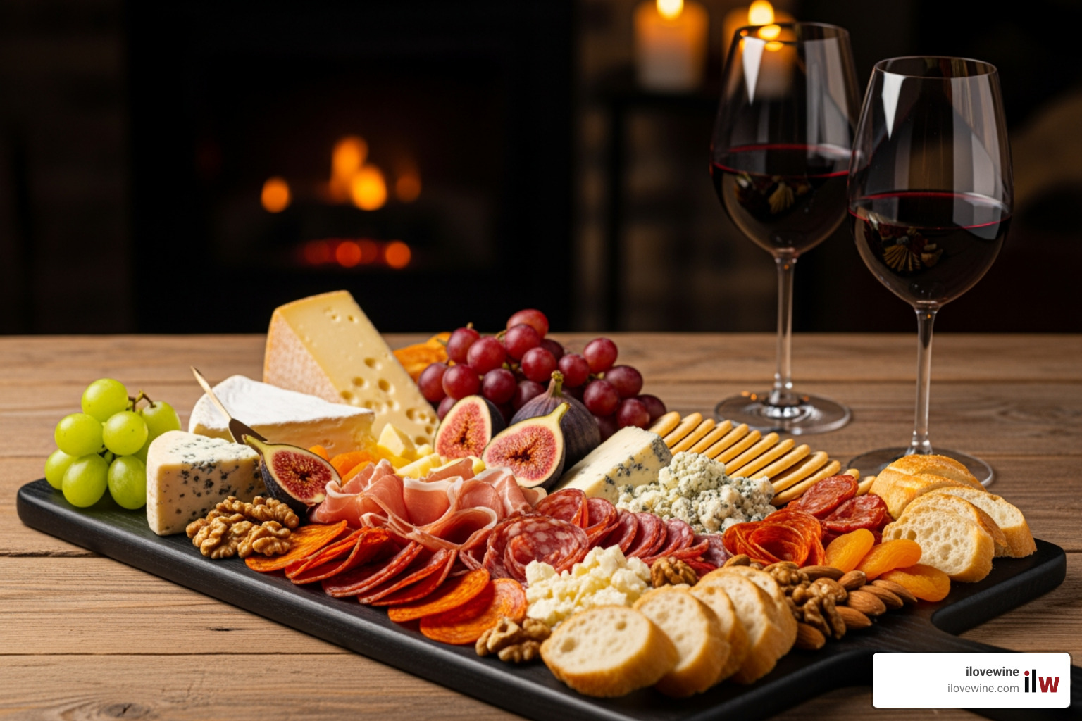A perfectly paired cheese and charcuterie board next to glasses of red wine, all resting on a rustic wooden surface in a dimly lit setting - cave wine tasting