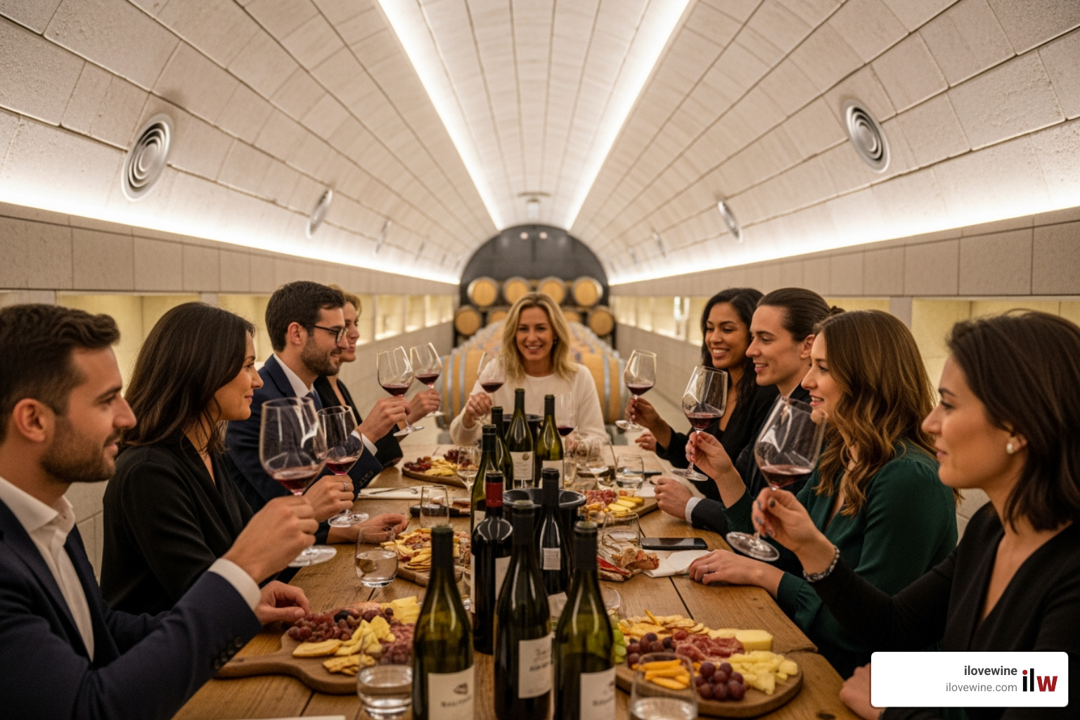 A group enjoying a seated tasting inside a well-lit, modern wine cave, with wine glasses and bottles on a rustic table - cave wine tasting