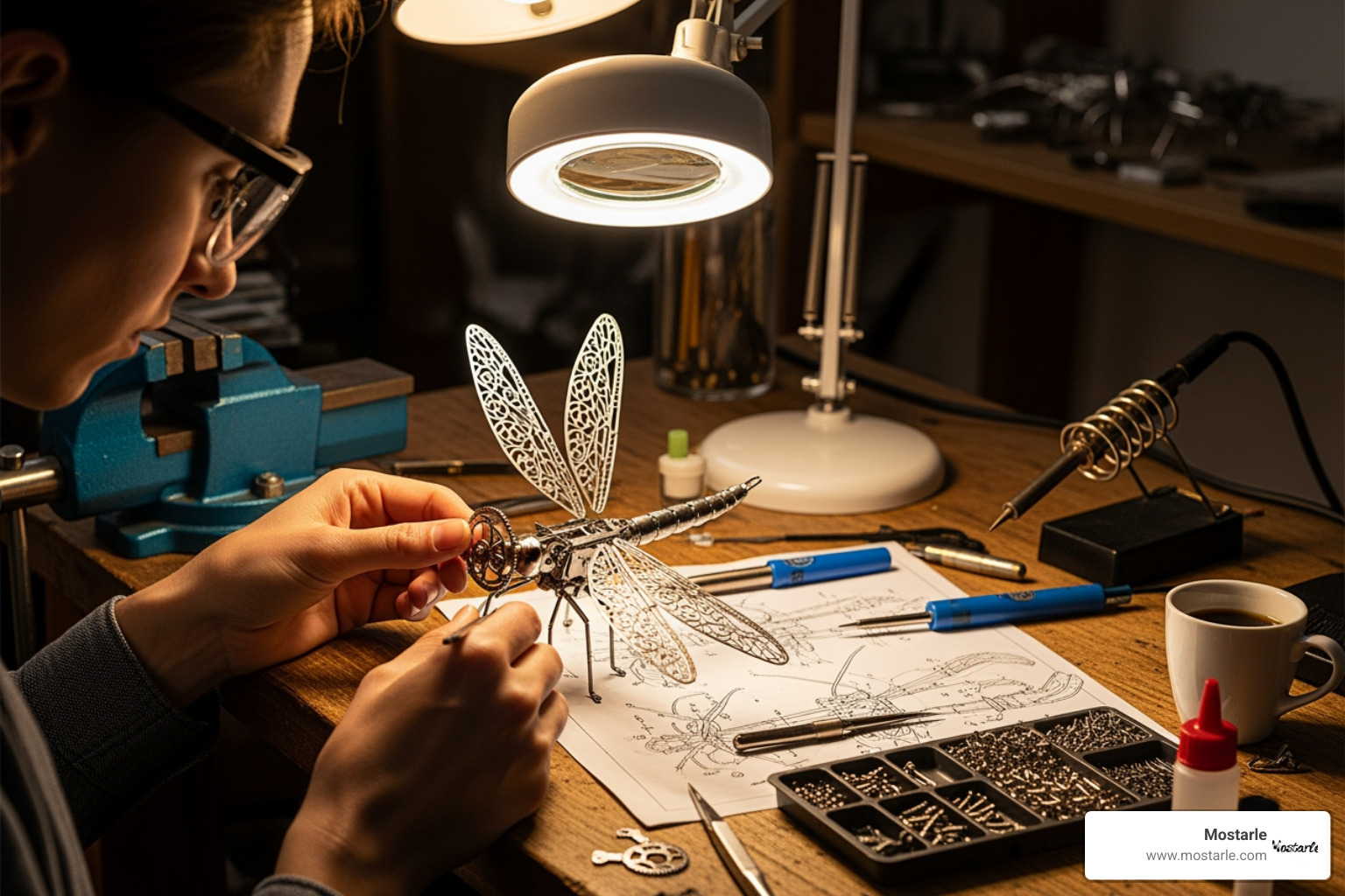 person assembling metal dragonfly - metal animal models person assembling metal dragonfly - metal animal models