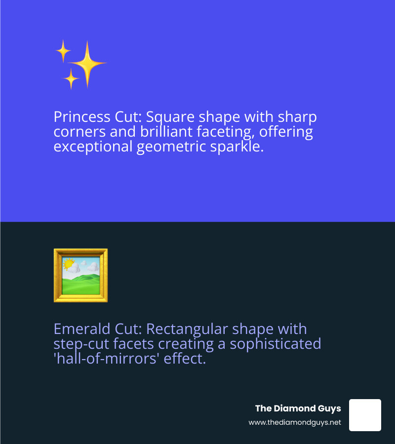 Infographic comparing princess cut and emerald cut diamonds side by side, showing the princess cut's square shape with pointed corners and brilliant faceting creating geometric sparkle patterns, versus the emerald cut's rectangular shape with stepped facets creating a hall-of-mirrors effect with parallel lines and subtle flashes - princess cut diamond studs infographic 2_facts_emoji_blue
