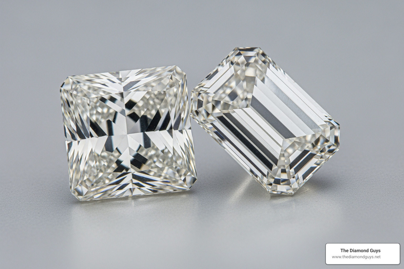 loose princess cut diamond next to a loose emerald cut diamond - princess cut diamond studs