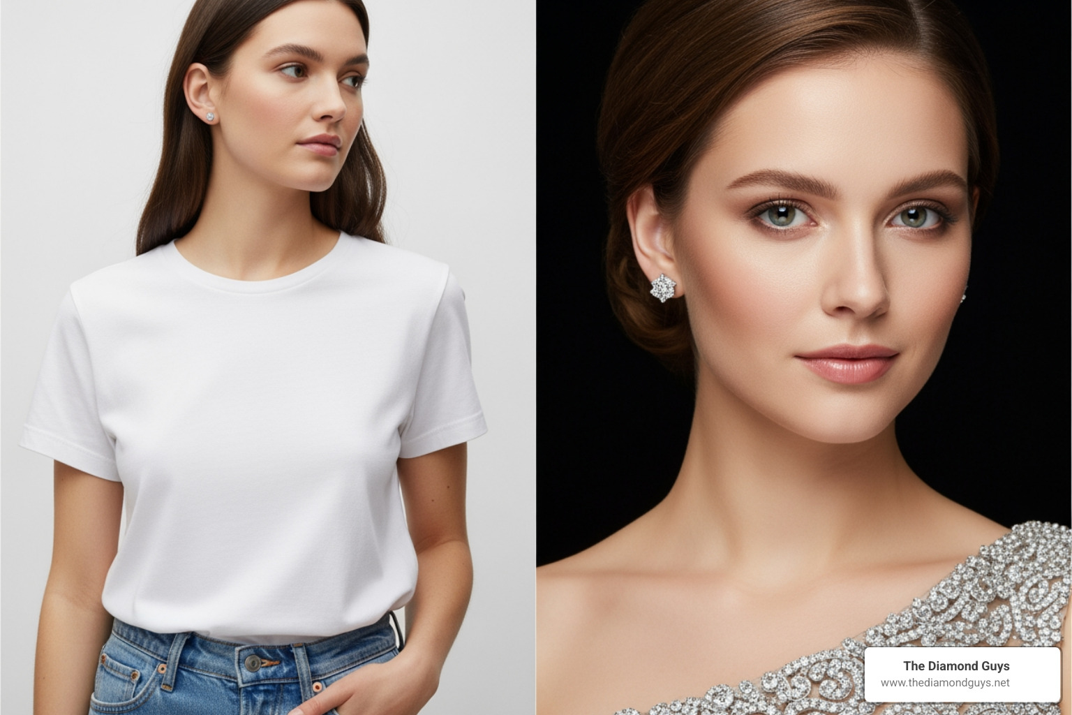 diamond studs styled with both a casual daytime outfit and an neat evening look - princess cut diamond studs