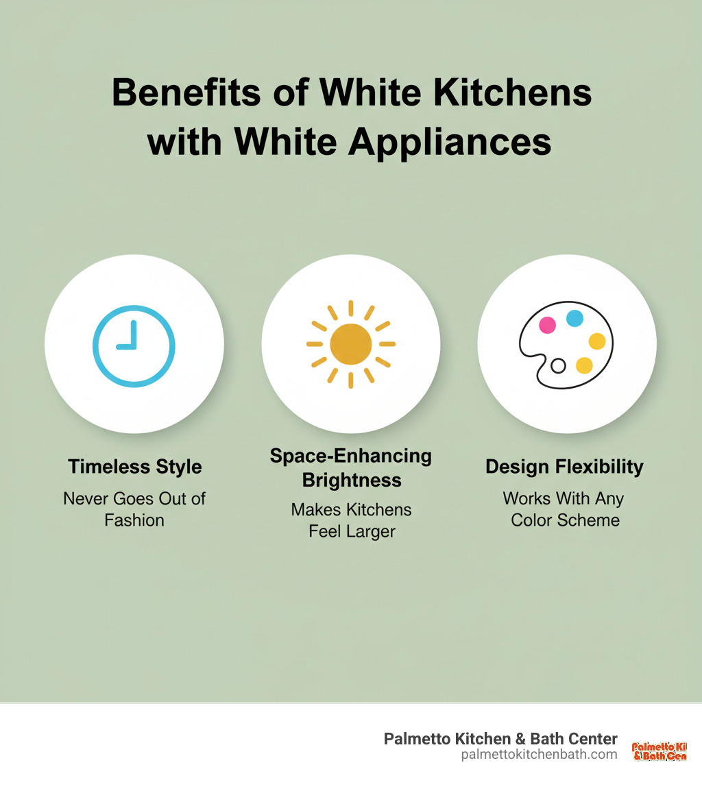 infographic showing three circular sections: first shows a clock icon with 'Timeless Style - Never Goes Out of Fashion', second shows a sun icon with 'Space-Enhancing Brightness - Makes Kitchens Feel Larger', third shows a palette icon with 'Design Flexibility - Works With Any Color Scheme' - white kitchens with white appliances infographic 