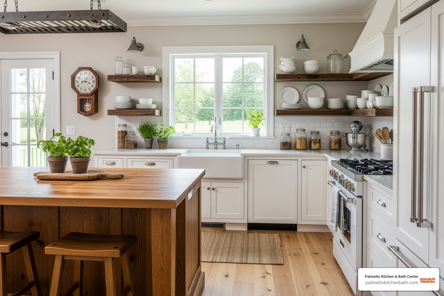 farmhouse kitchen with white shaker cabinets, a white apron-front sink, white appliances, and natural wood accents - white kitchens with white appliances