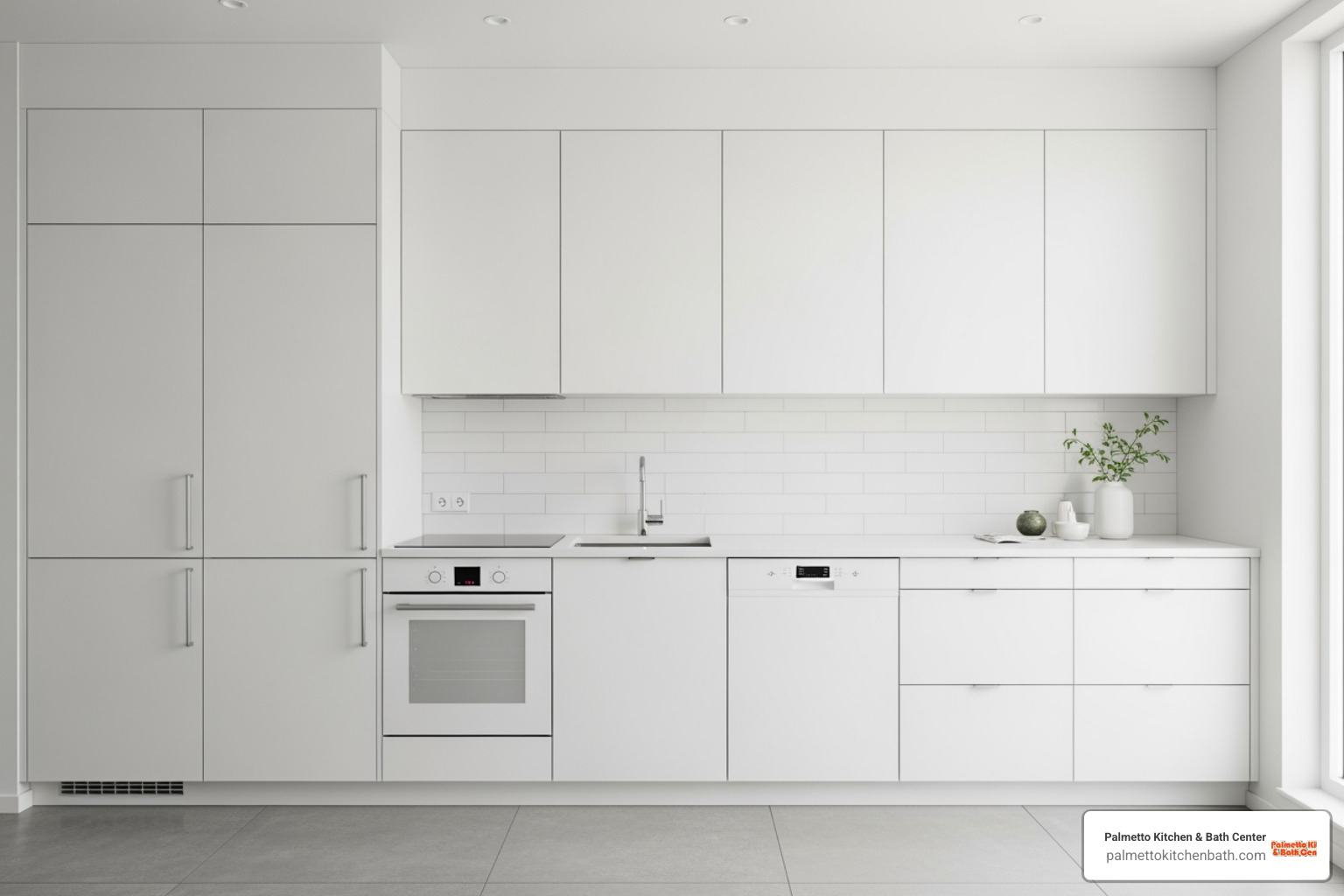 minimalist kitchen with handle-less flat-panel white cabinets and seamlessly integrated white appliances - white kitchens with white appliances