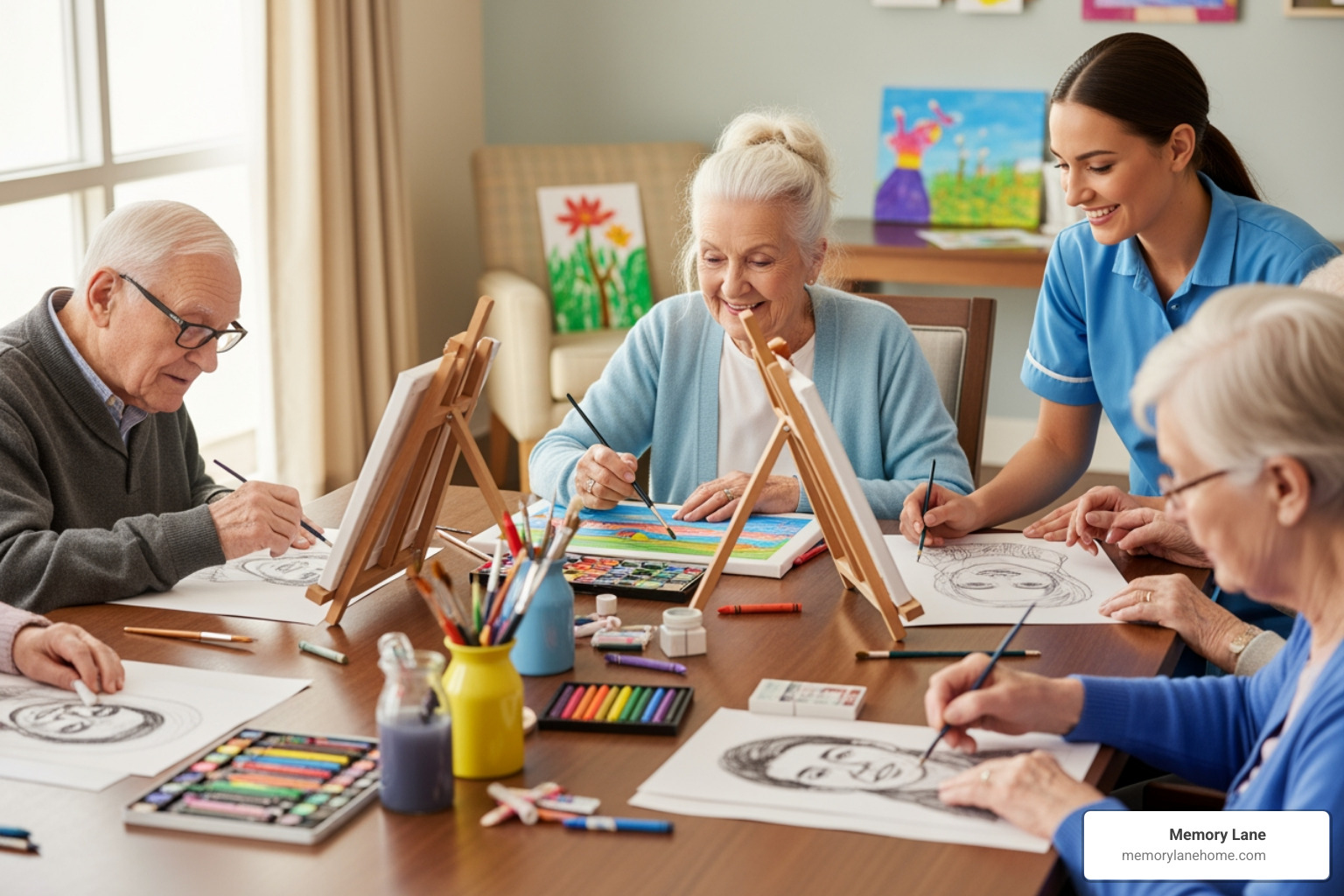 residents participating in a guided art therapy session in a memory care facility - average memory care cost residents participating in a guided art therapy session in a memory care facility - average memory care cost