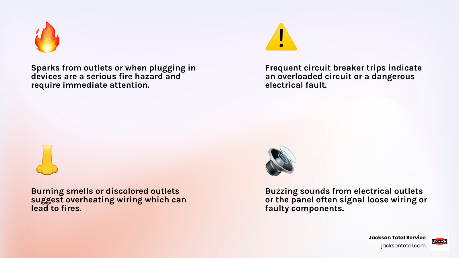 Infographic showing the top 5 warning signs of electrical problems: 1) Flickering or dimming lights, 2) Circuit breakers that trip frequently, 3) Buzzing sounds from outlets or panels, 4) Burning smell or discolored outlets, 5) Sparks when plugging in devices, with icons representing each warning sign and a call to action to contact a licensed electrician immediately - best electrical repair sanibel island fl infographic 4_facts_emoji_light-gradient Infographic showing the top 5 warning signs of electrical problems: 1) Flickering or dimming lights, 2) Circuit breakers that trip frequently, 3) Buzzing sounds from outlets or panels, 4) Burning smell or discolored outlets, 5) Sparks when plugging in devices, with icons representing each warning sign and a call to action to contact a licensed electrician immediately - best electrical repair sanibel island fl infographic 4_facts_emoji_light-gradient