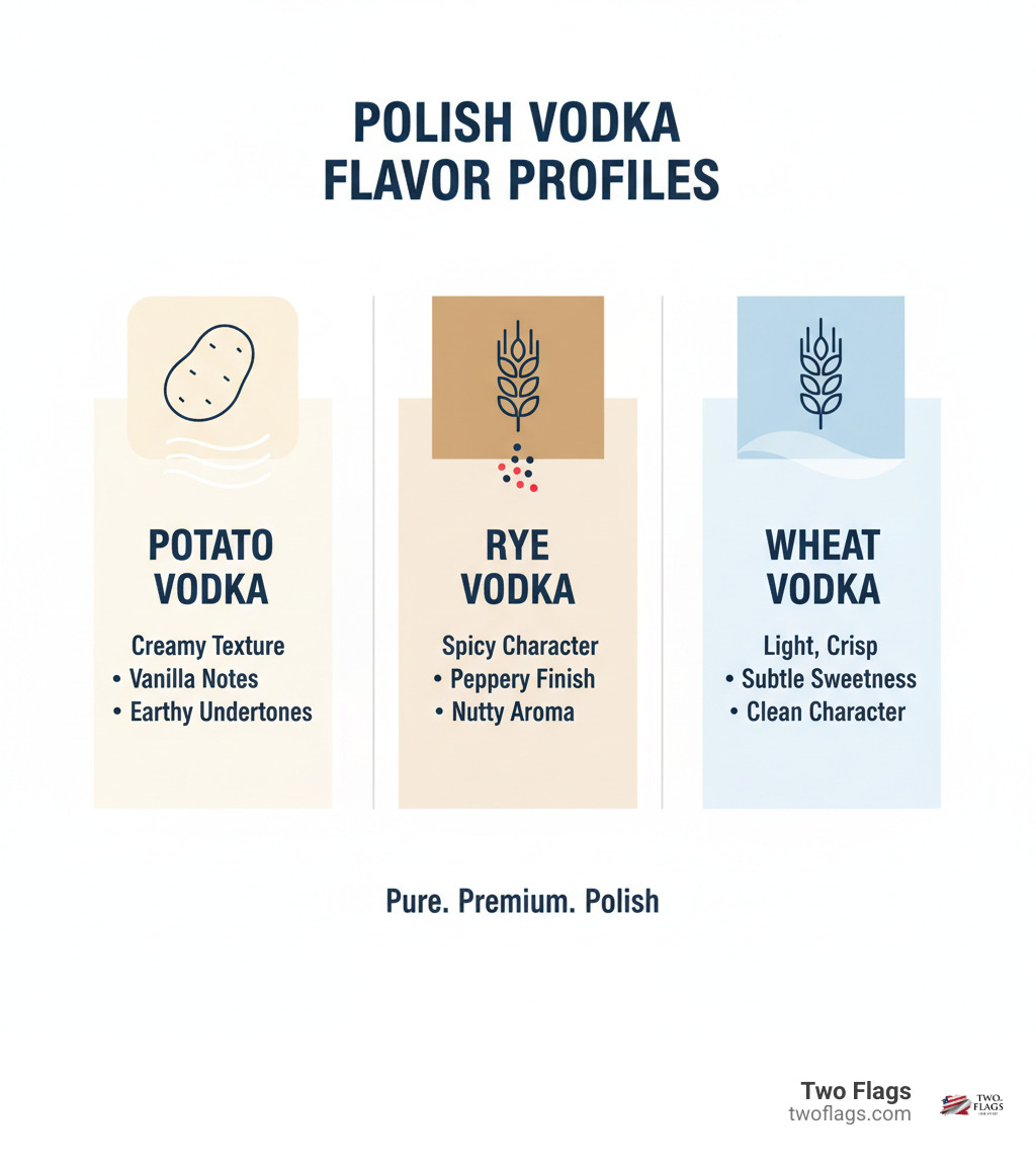 Infographic comparing flavor profiles: Potato vodka shows creamy texture with vanilla and earthy notes; Rye vodka displays spicy character with peppery finish and nutty aroma; Wheat vodka presents light, crisp taste with subtle sweetness and clean character - polish premium vodka infographic 