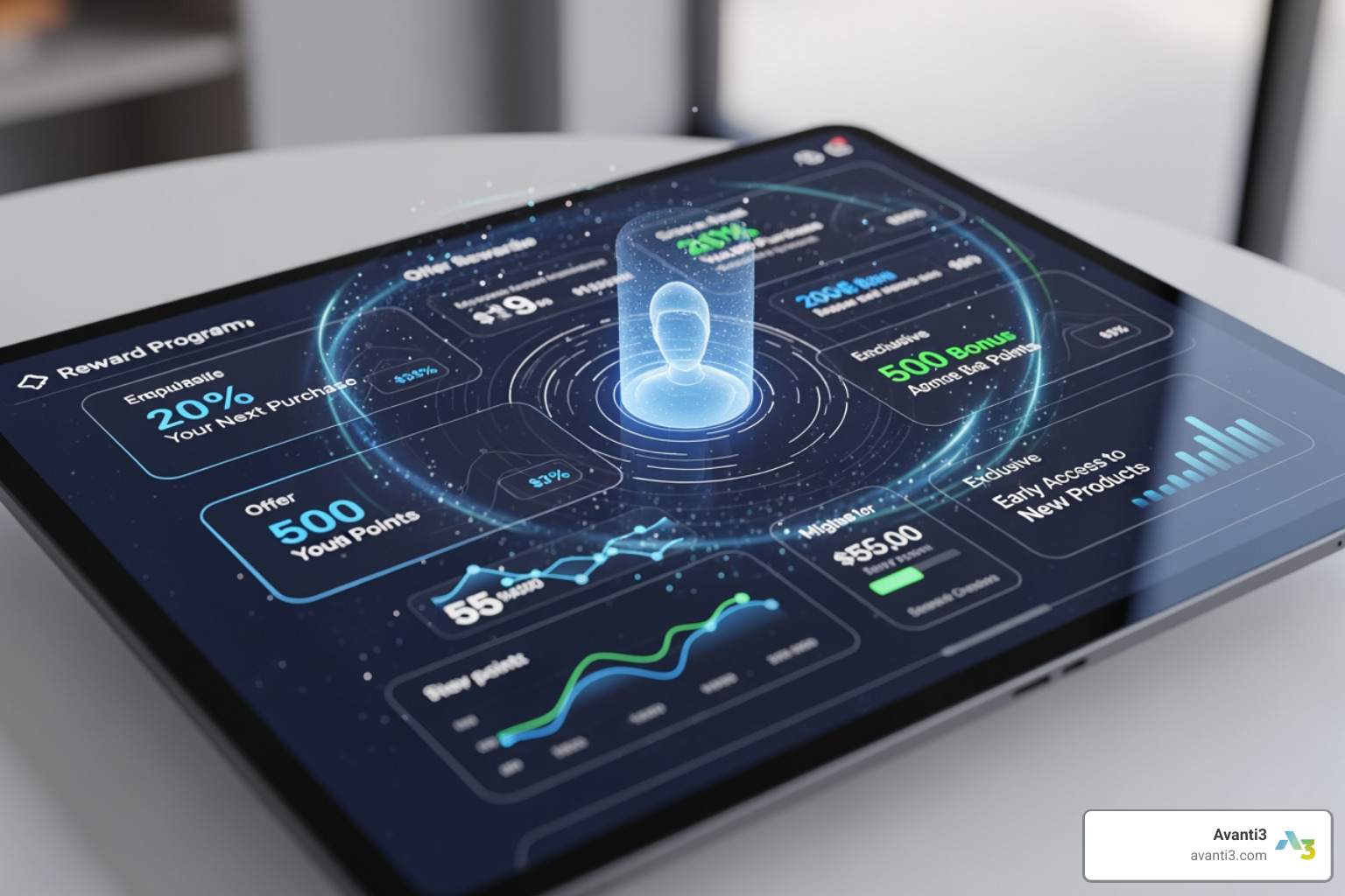 futuristic digital interface with personalized rewards - Loyalty program innovation