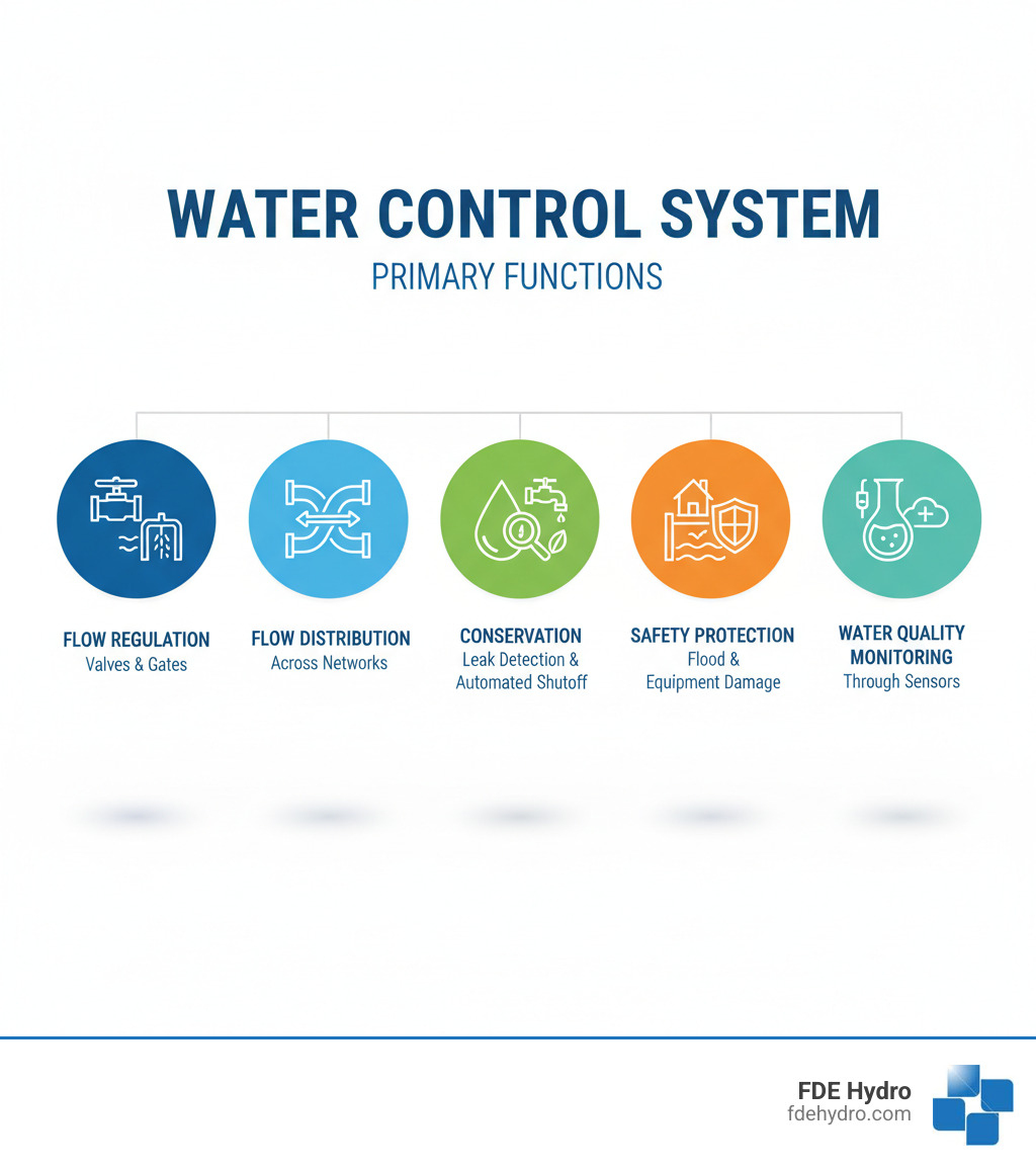 infographic showing the primary functions of a water control system: water regulation through valves and gates, flow distribution across networks, conservation via leak detection and automated shutoff, safety protection against floods and equipment damage, and water quality monitoring through sensors - Water control system infographic infographic showing the primary functions of a water control system: water regulation through valves and gates, flow distribution across networks, conservation via leak detection and automated shutoff, safety protection against floods and equipment damage, and water quality monitoring through sensors - Water control system infographic