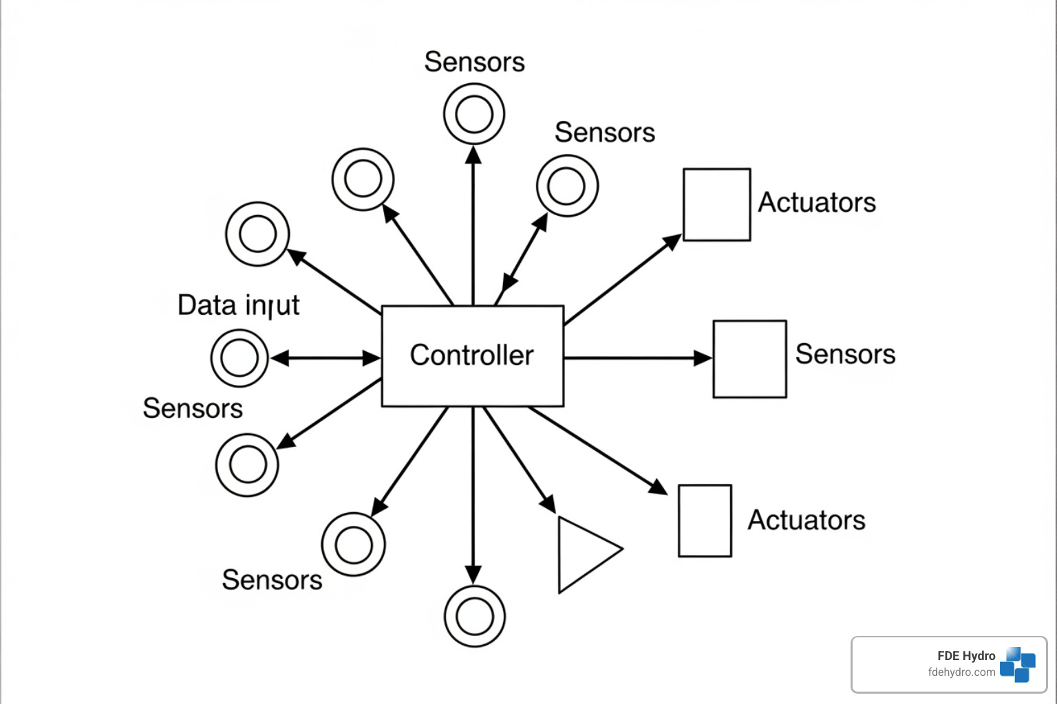 diagram showing the interaction between sensors, controllers, and actuators - Water control system diagram showing the interaction between sensors, controllers, and actuators - Water control system