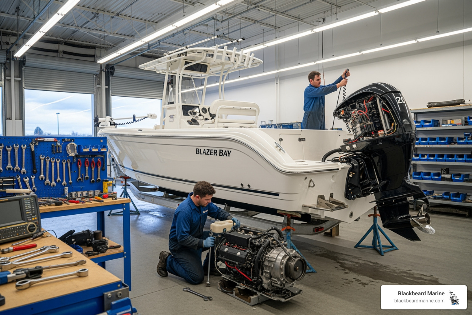 Blazer Bay boat being serviced in a workshop - Bad credit boat loans