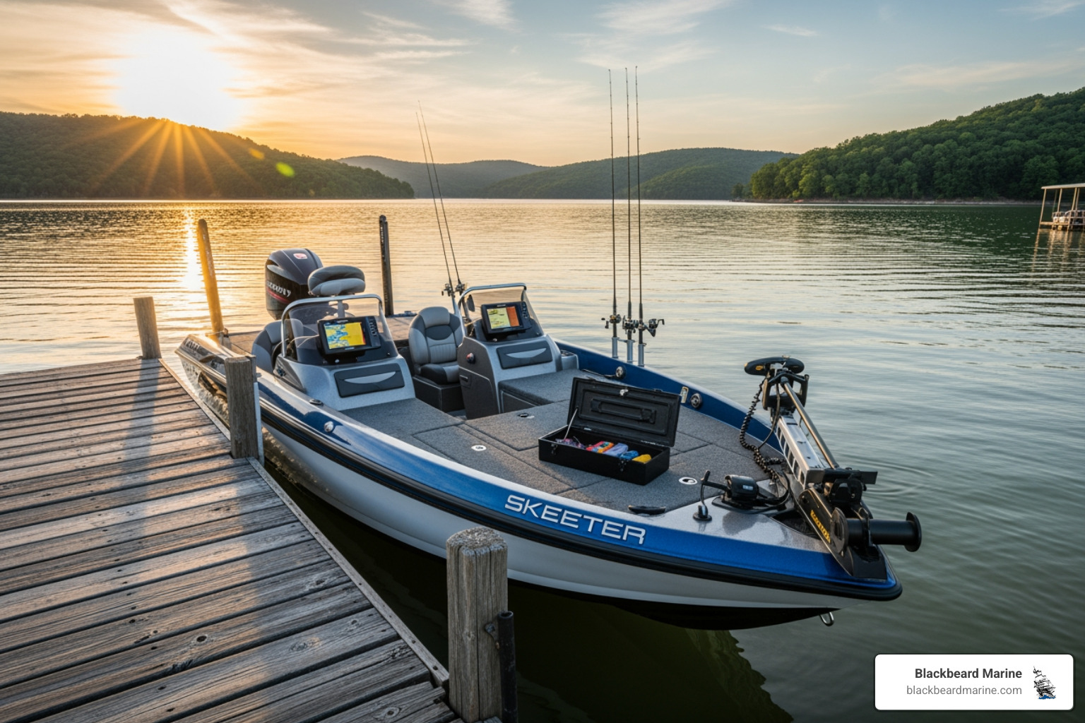 A Skeeter fishing boat at a dock on Table Rock Lake - Bad credit boat loans