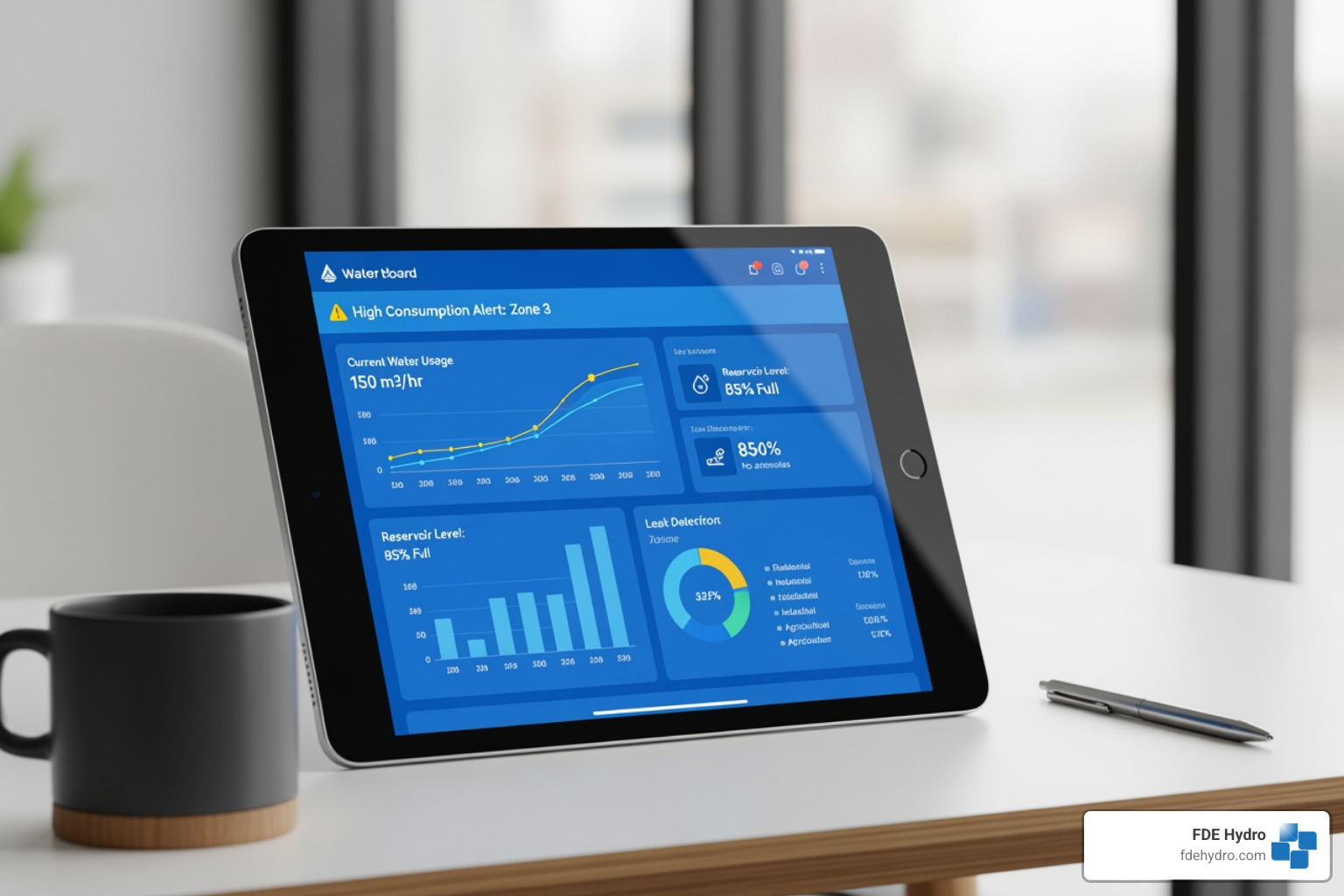 tablet displaying a water management dashboard with real-time data and alerts - Water control system tablet displaying a water management dashboard with real-time data and alerts - Water control system