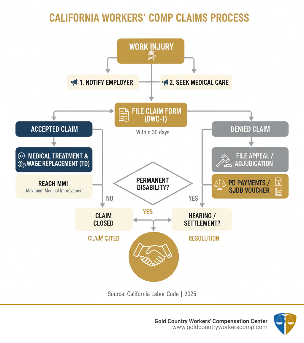 flowchart of the workers' compensation claim process from injury to resolution - California workers comp law infographic 