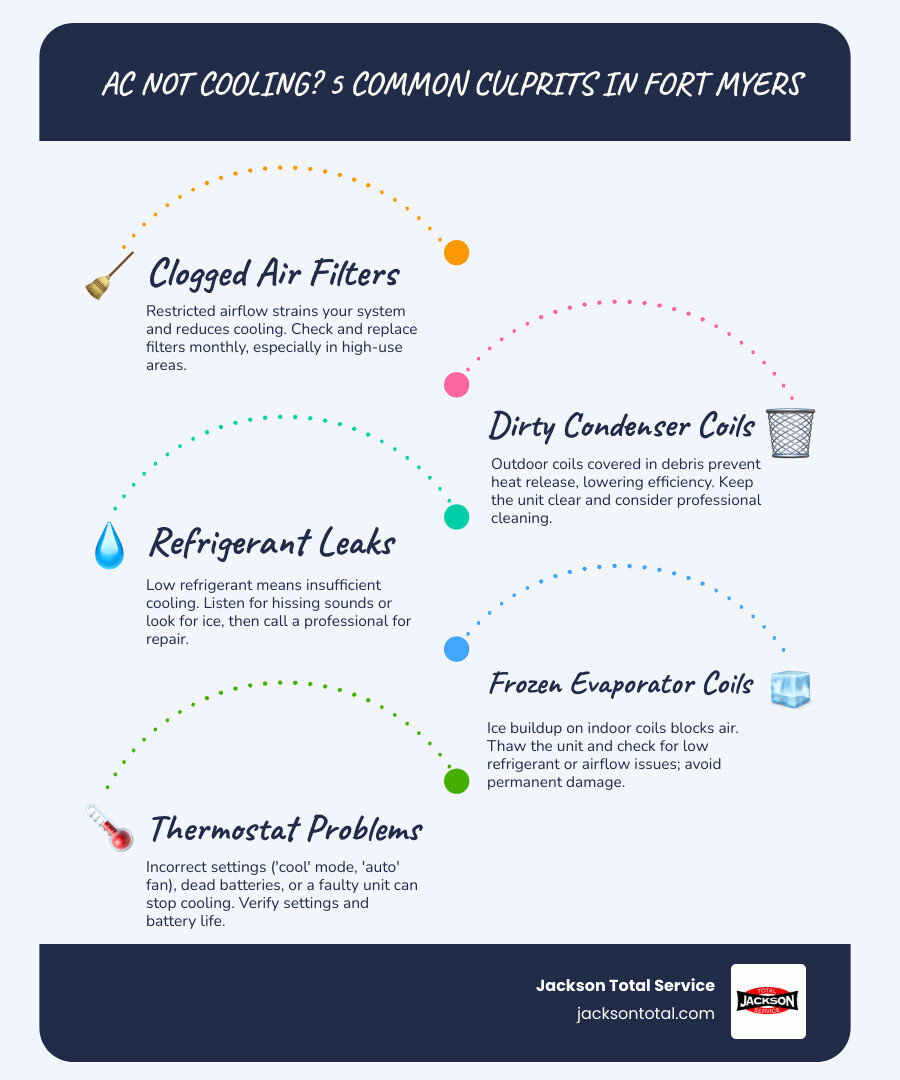 Infographic showing 5 common AC cooling problems: clogged filter blocking airflow, dirty outdoor coils covered in debris, refrigerant leak with hissing sound, frozen indoor coils with ice buildup, and incorrect thermostat settings—each with simple diagnostic steps and when to call for professional help - ac not cooling fort myers fl infographic infographic-line-5-steps-blues-accent_colors