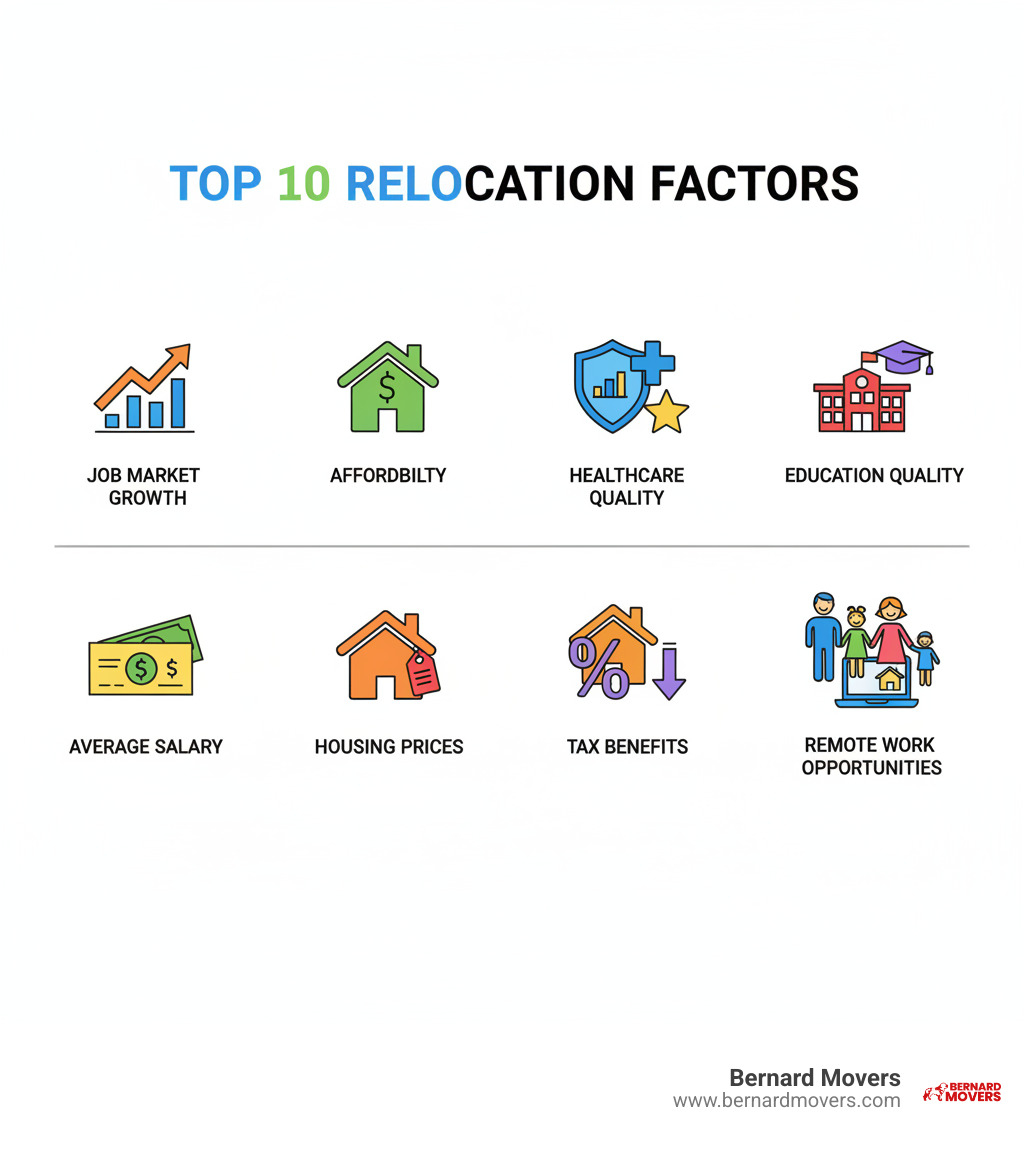 Infographic showing the top 10 relocation factors side by side: Job Market Growth with upward trending arrow, Affordability with dollar sign and house icon, Safety with shield icon showing low crime rates, Healthcare Quality with medical cross and star rating, Education Quality with school building and graduation cap, Average Salary with paycheck icon, Housing Prices with house and price tag, Tax Benefits with percentage symbol, Quality of Life with smiling family icon, and Remote Work Opportunities with laptop and home office setup - best places to pack up and move infographic 