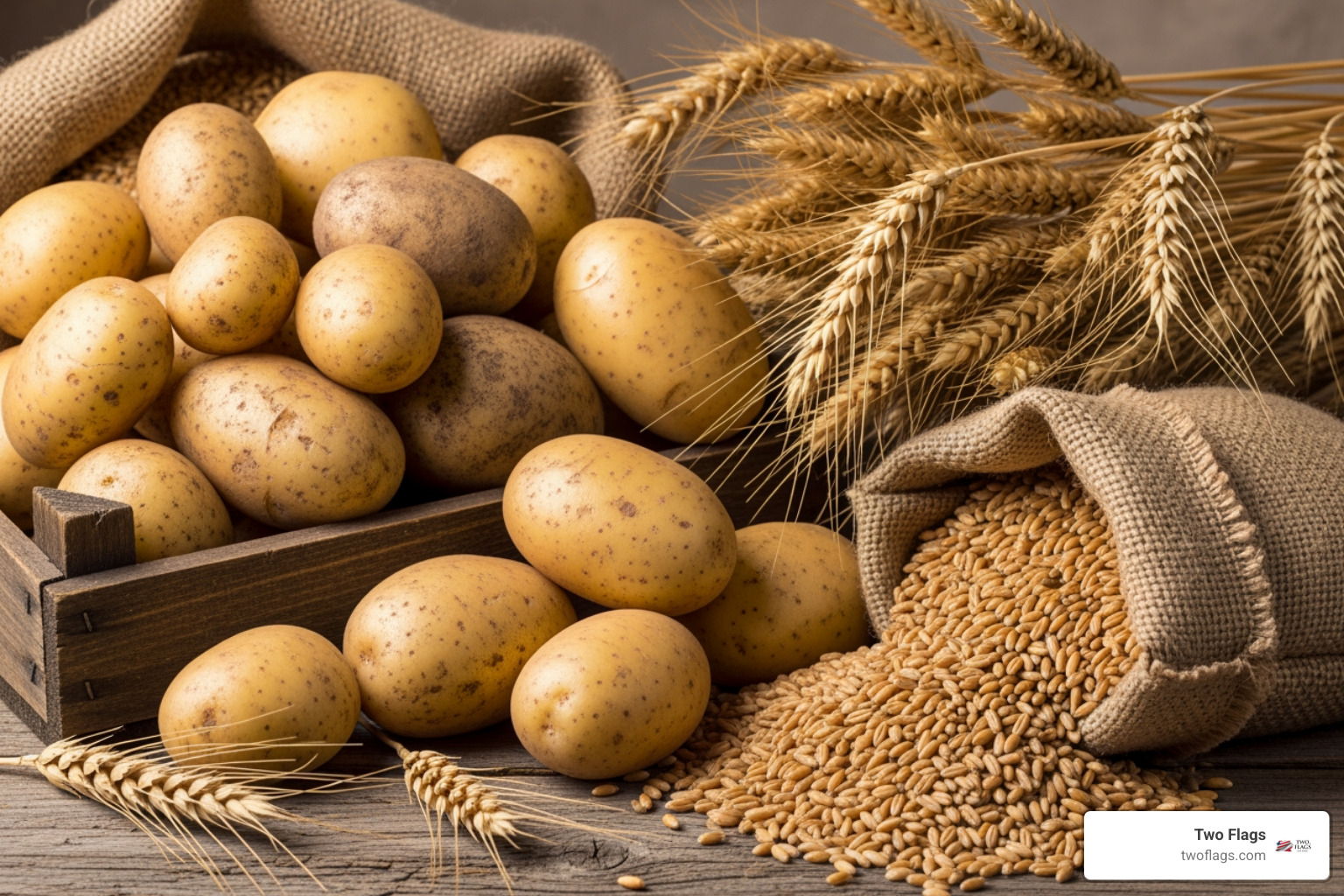 Raw ingredients for Polish vodka: Polish potatoes, rye grains, and wheat stalks - polish premium vodka