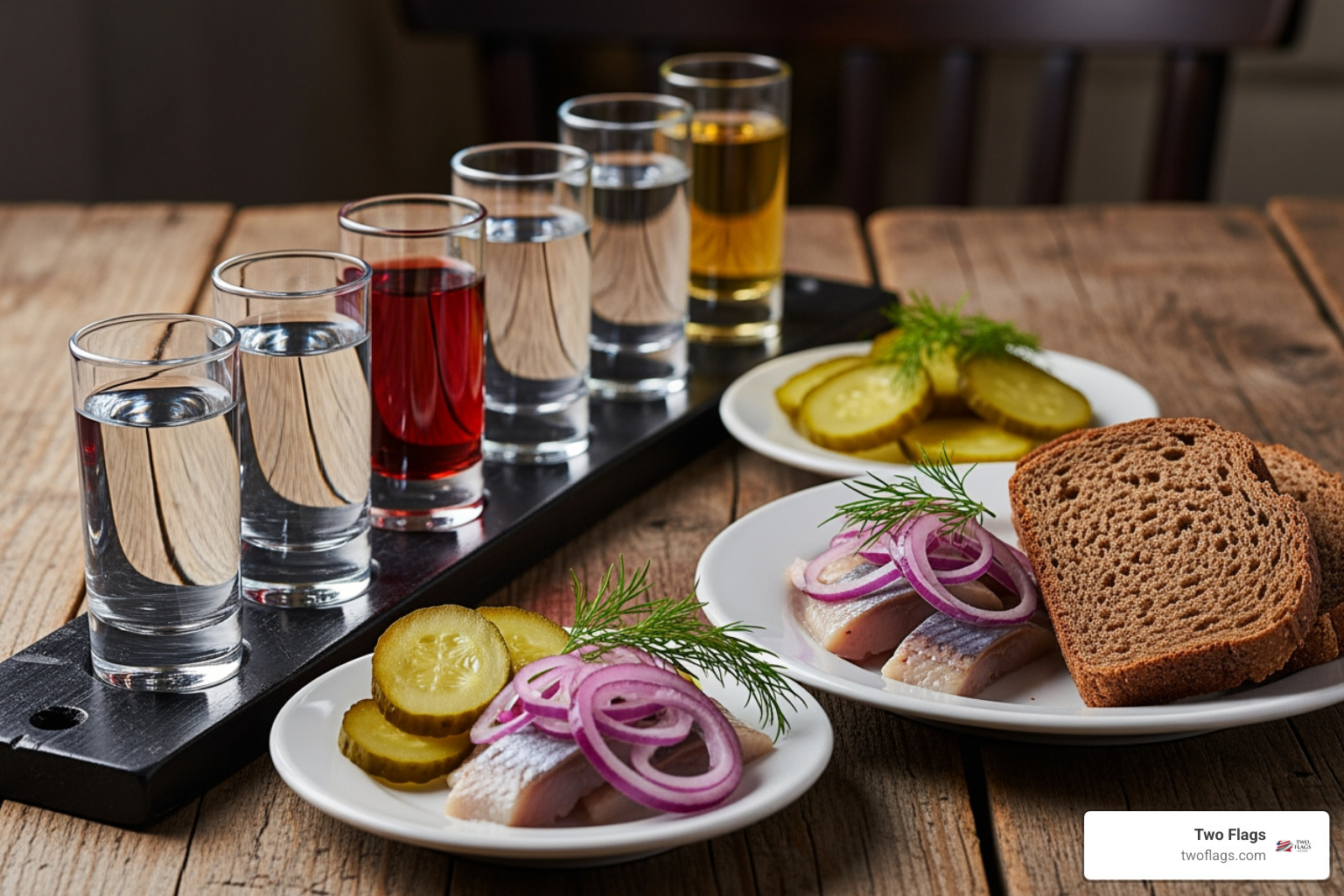 Polish vodka tasting flight with small food pairings like pickles and herring - polish premium vodka