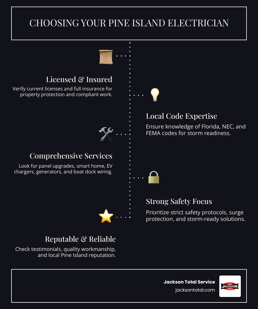 Infographic detailing essential considerations for choosing electrical installation services in Pine Island, FL, including licensing, local code compliance, range of services, safety focus, and reputation. - electrical installation pine island fl infographic infographic-line-5-steps-dark