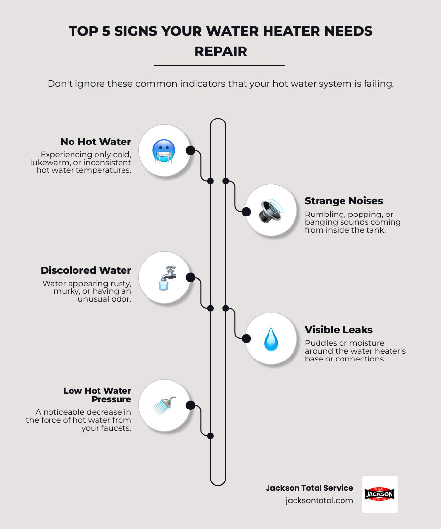 Infographic showing the 7 warning signs your water heater needs repair: no hot water, strange noises from the tank, rusty or discolored water, visible leaks or moisture, inconsistent water temperature, low hot water pressure, and a unit over 8-12 years old - best water heater repair immokalee fl infographic infographic-line-5-steps-elegant_beige