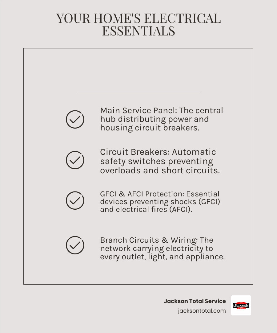 Infographic showing the key components of a residential electrical system: main service panel with circuit breakers, branch circuits running through walls, GFCI outlets in wet areas like kitchens and bathrooms, AFCI protection for bedrooms, grounding system, and connections to major appliances and fixtures throughout an Ave Maria home - electrical installation ave maria fl infographic checklist-light-beige