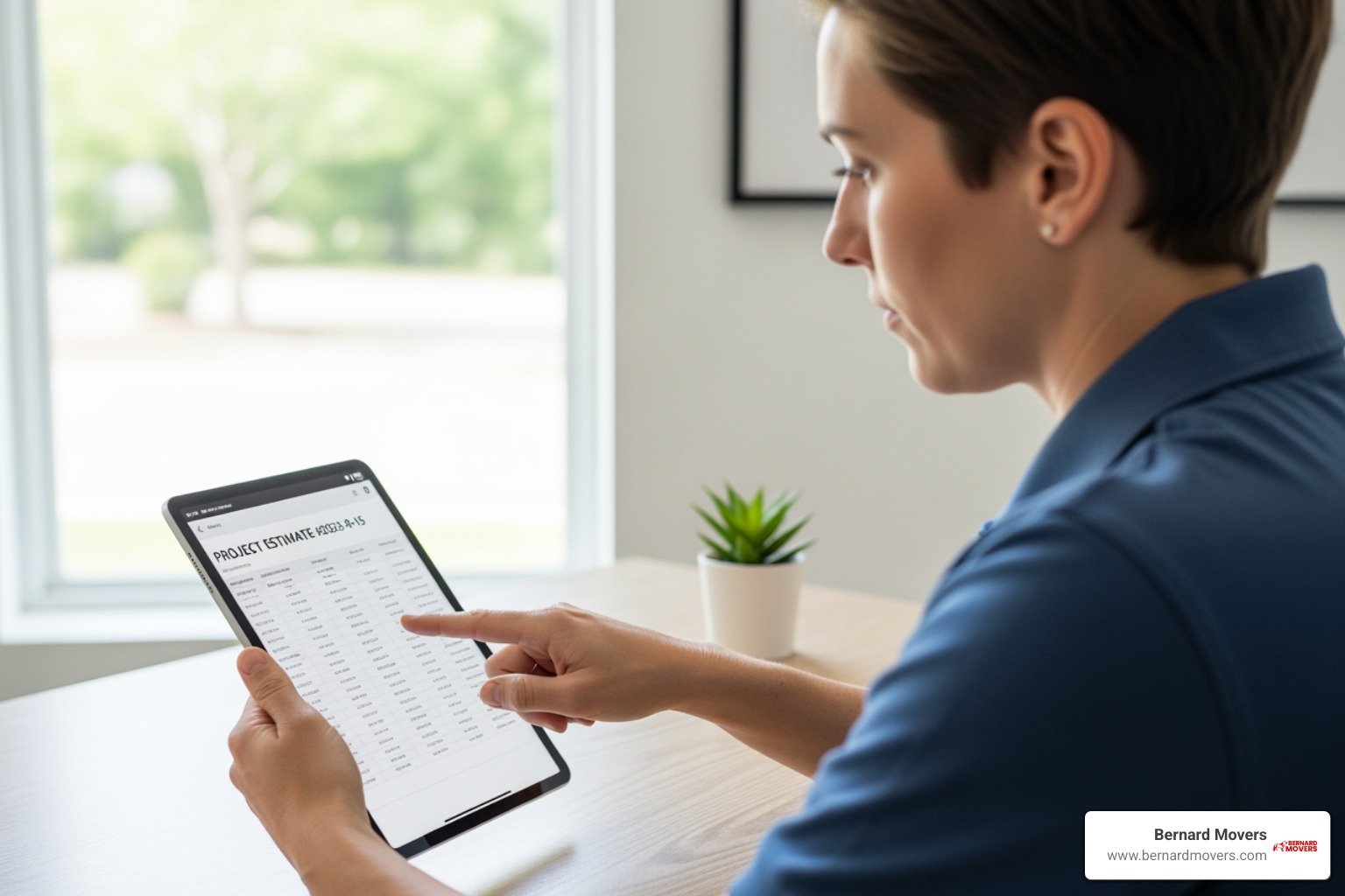 Person reviewing a Bernard Movers estimate on a tablet - packers and movers within city Person reviewing a Bernard Movers estimate on a tablet - packers and movers within city